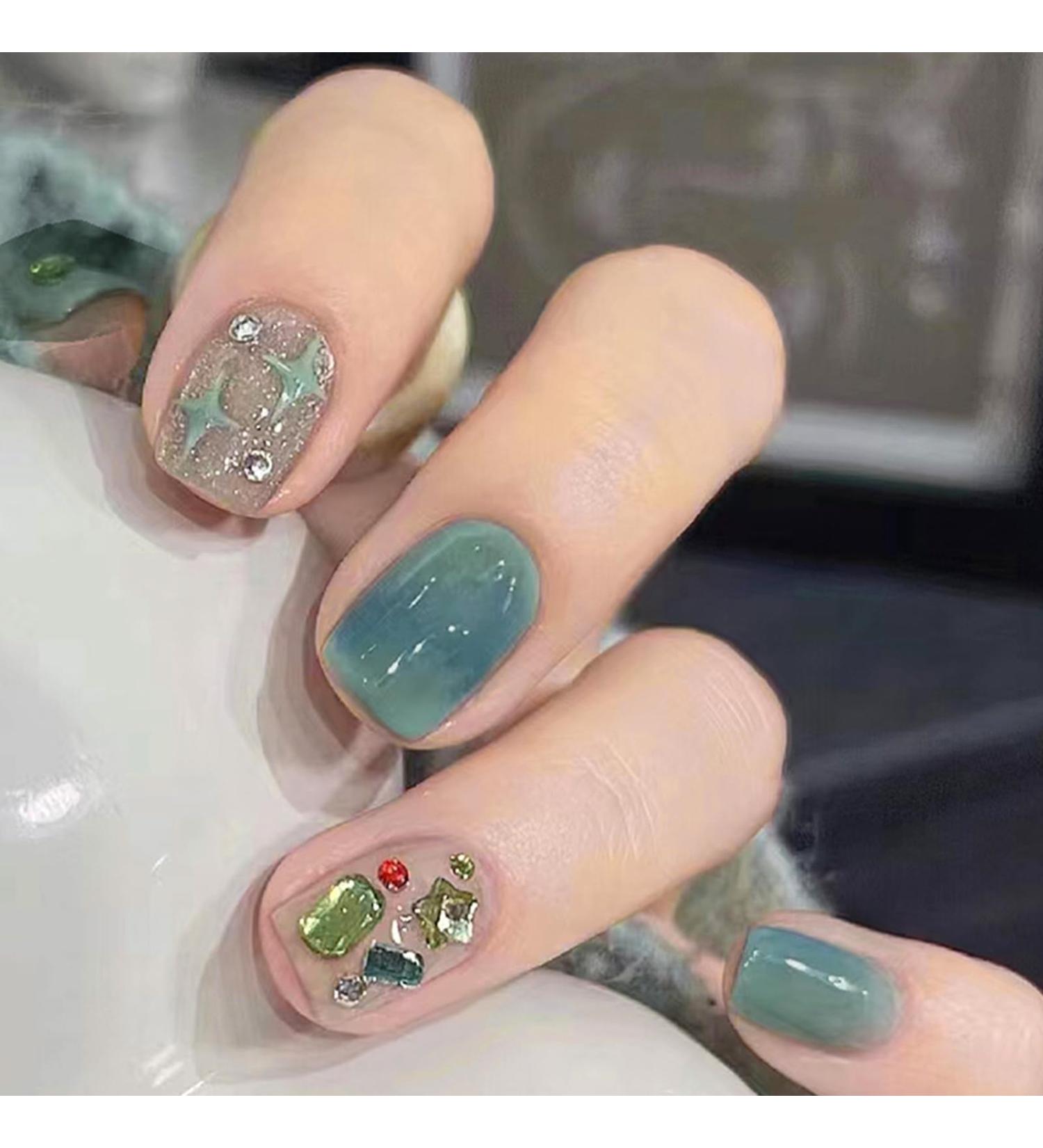 24Pcs Glossy Green Rhinestone French Tip False Nails - Reusable Acrylic Full Cover Stick on Nails - Buy Online on GoSupps.com