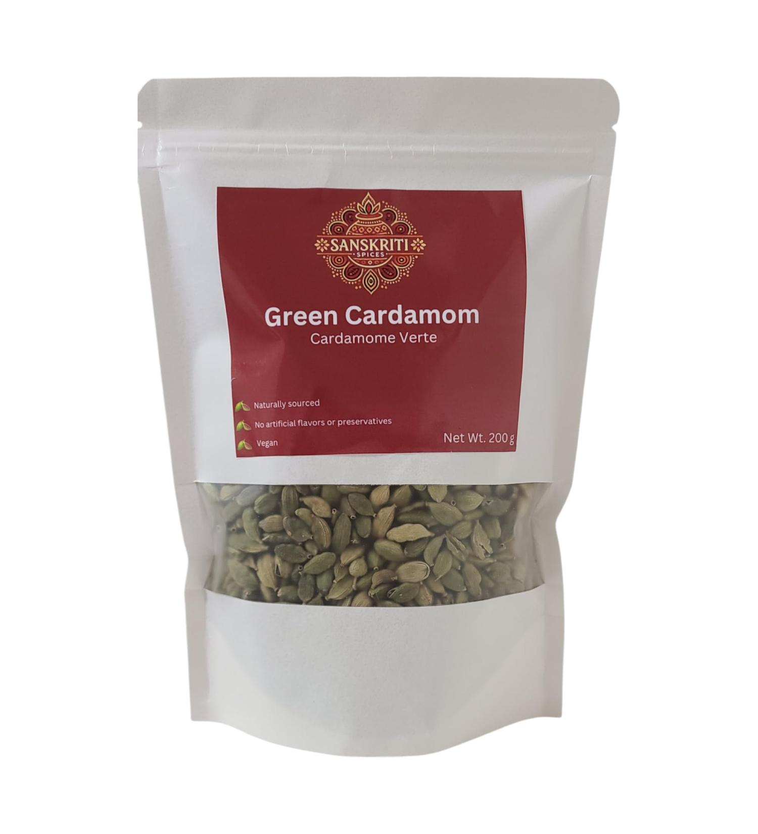 Sanskriti Spices Whole Green Large Cardamom Pods | Premium Quality | 200g | Vegan & Vegetarian | No Artificial Flavors or Preservatives | Handpicked & Fresh - Buy Online on GoSupps.com
