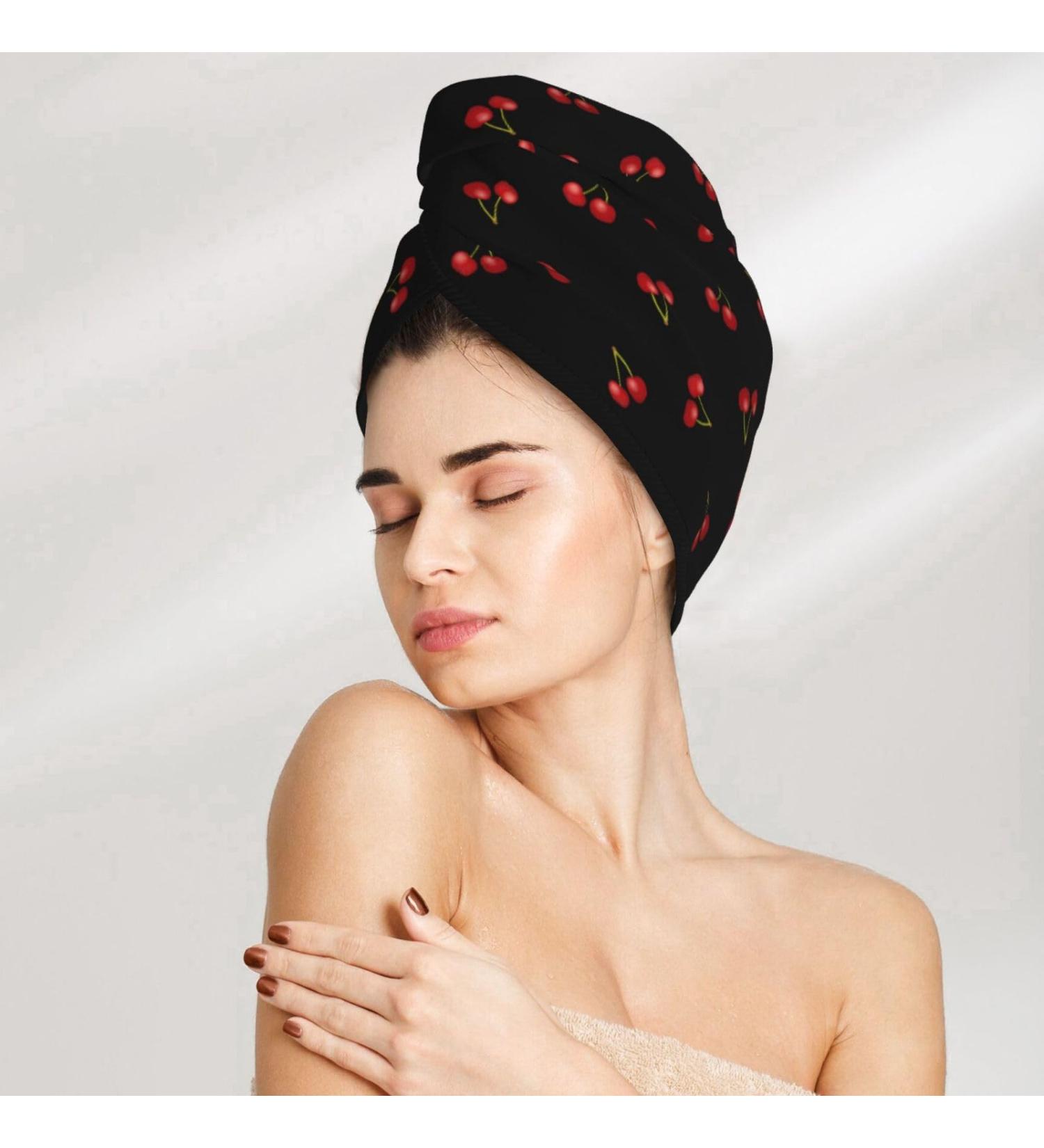 Cherry Watercolor Black Microfiber Hair Towel | Super Absorbent Quick Dry Turbans for Curly & Thick Hair | Hair Wrap with Button for Women & Kids - Buy Online on GoSupps.com