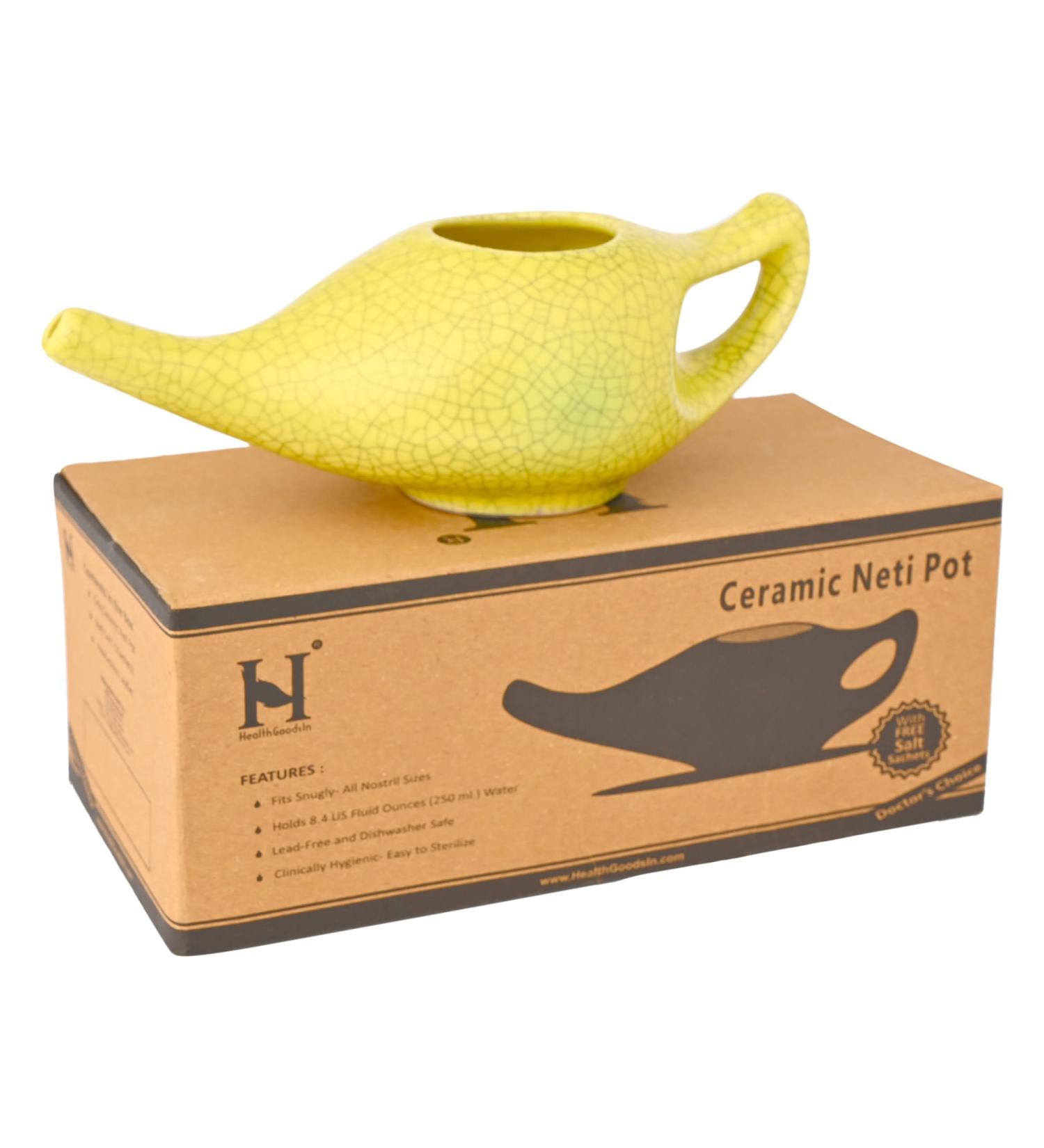 HealthGoodsIn Ceramic Neti Pot - 225 ml Water Capacity - Crackle Pattern Yellow - Buy Online on GoSupps.com