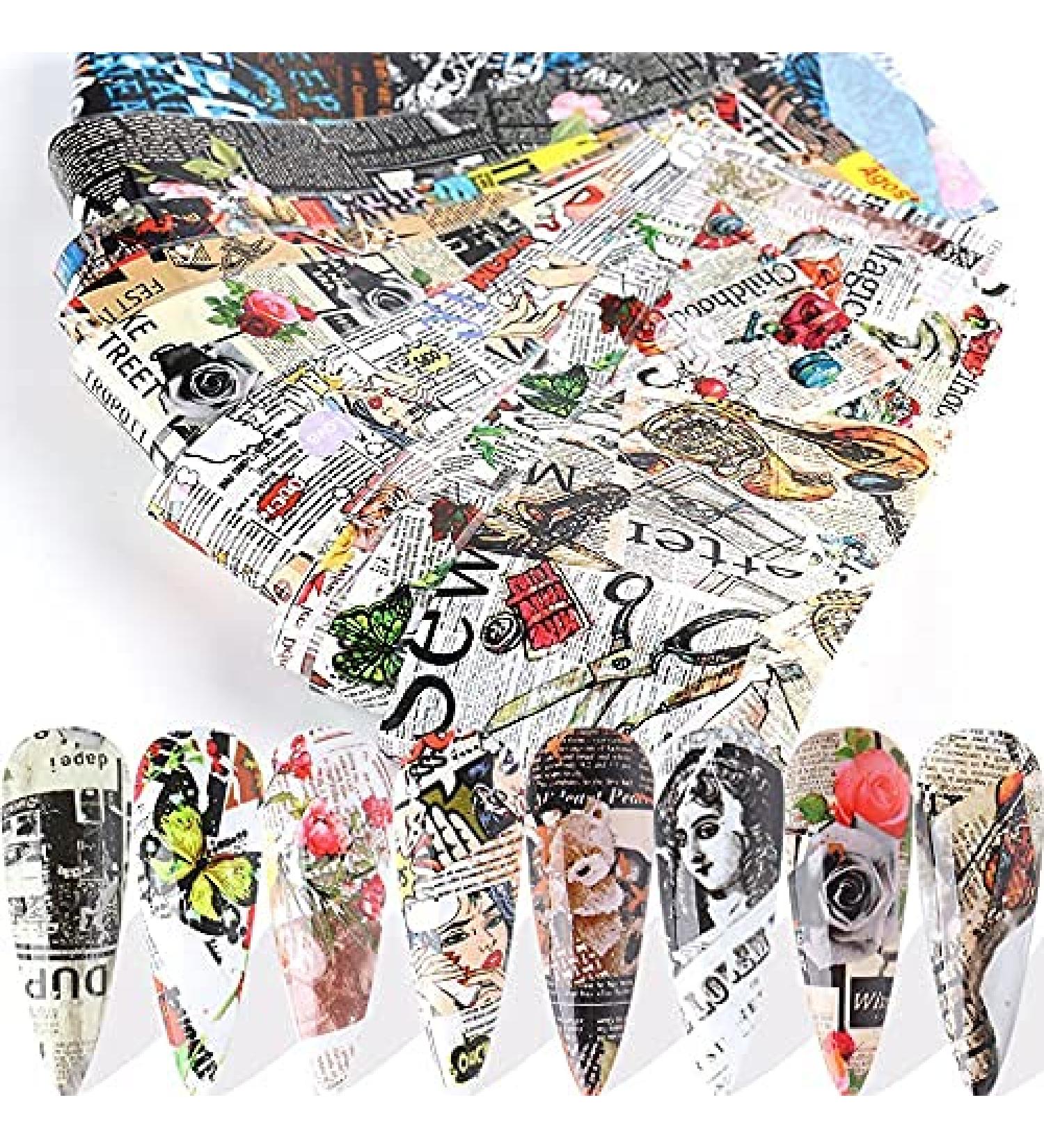 CHANGAR 10 Sheets Nail Foil Sticker Newspaper Magazine Style Foil Transfer Nail Decals Nail Foil Adhesive Stickers Starry Sky Manicure Transfer Tips Nail Art DIY Decoration - Buy Online on GoSupps.com