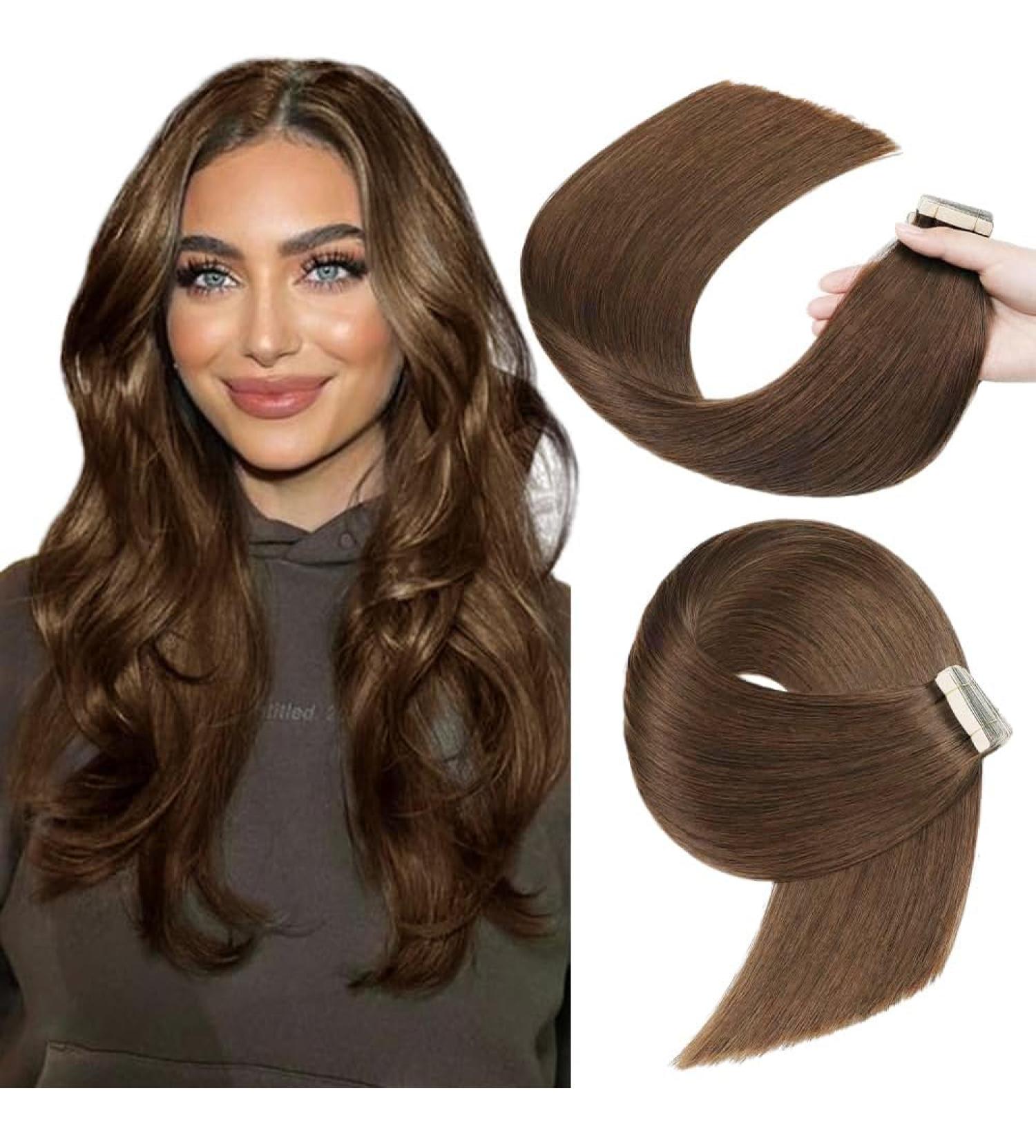 YDDM Tape In Hair Extensions - 20Pcs 18 Inch (45cm) Chocolate Brown Invisible Weft - Real Human Hair 40g Skin Weft Extensions (4#) - Buy Online on GoSupps.com