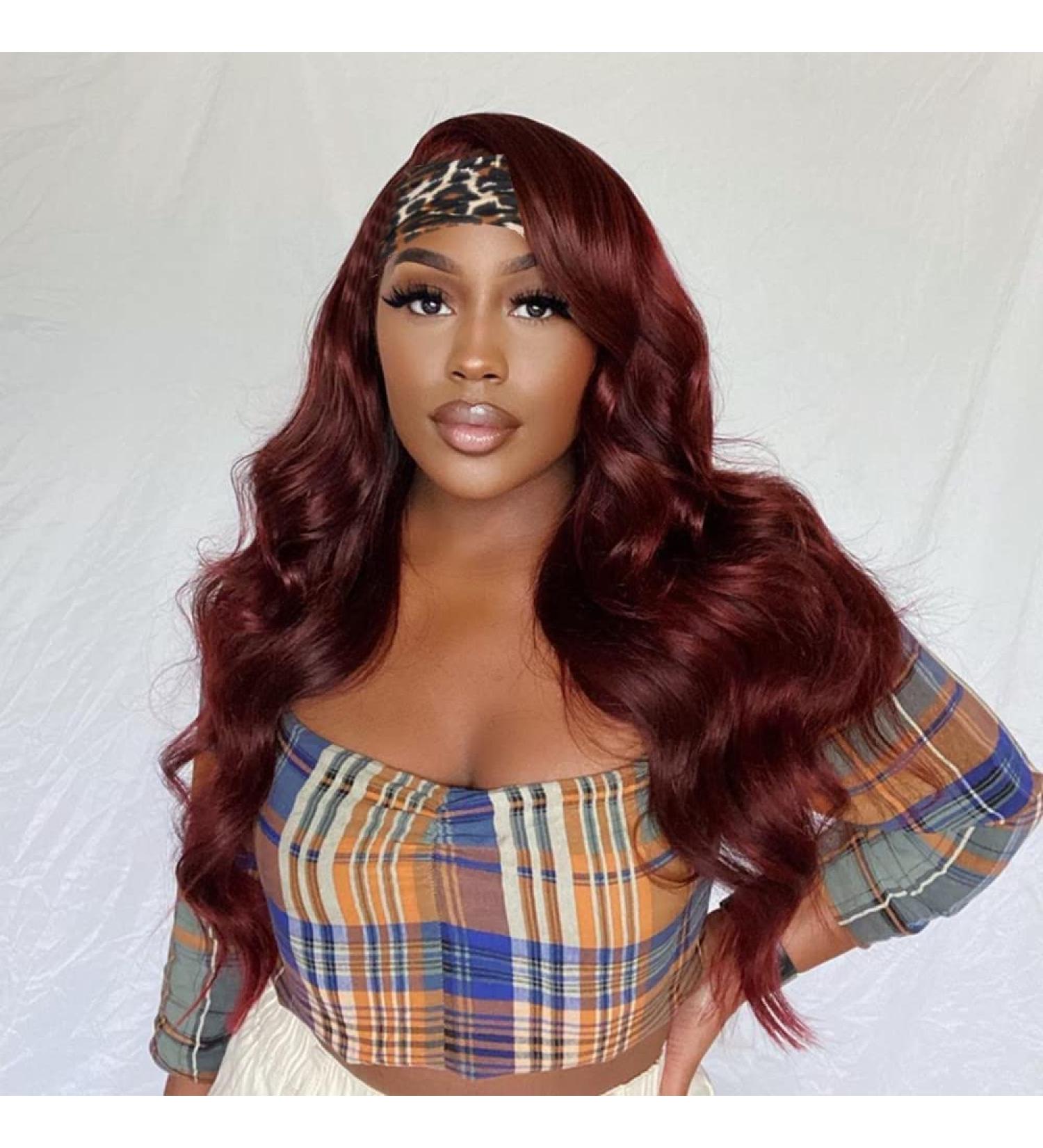 Long Wavy 22 Burgundy Headband Wig for Black Women | 180% Density Synthetic Hair, Heat Resistant - Buy Online on GoSupps.com
