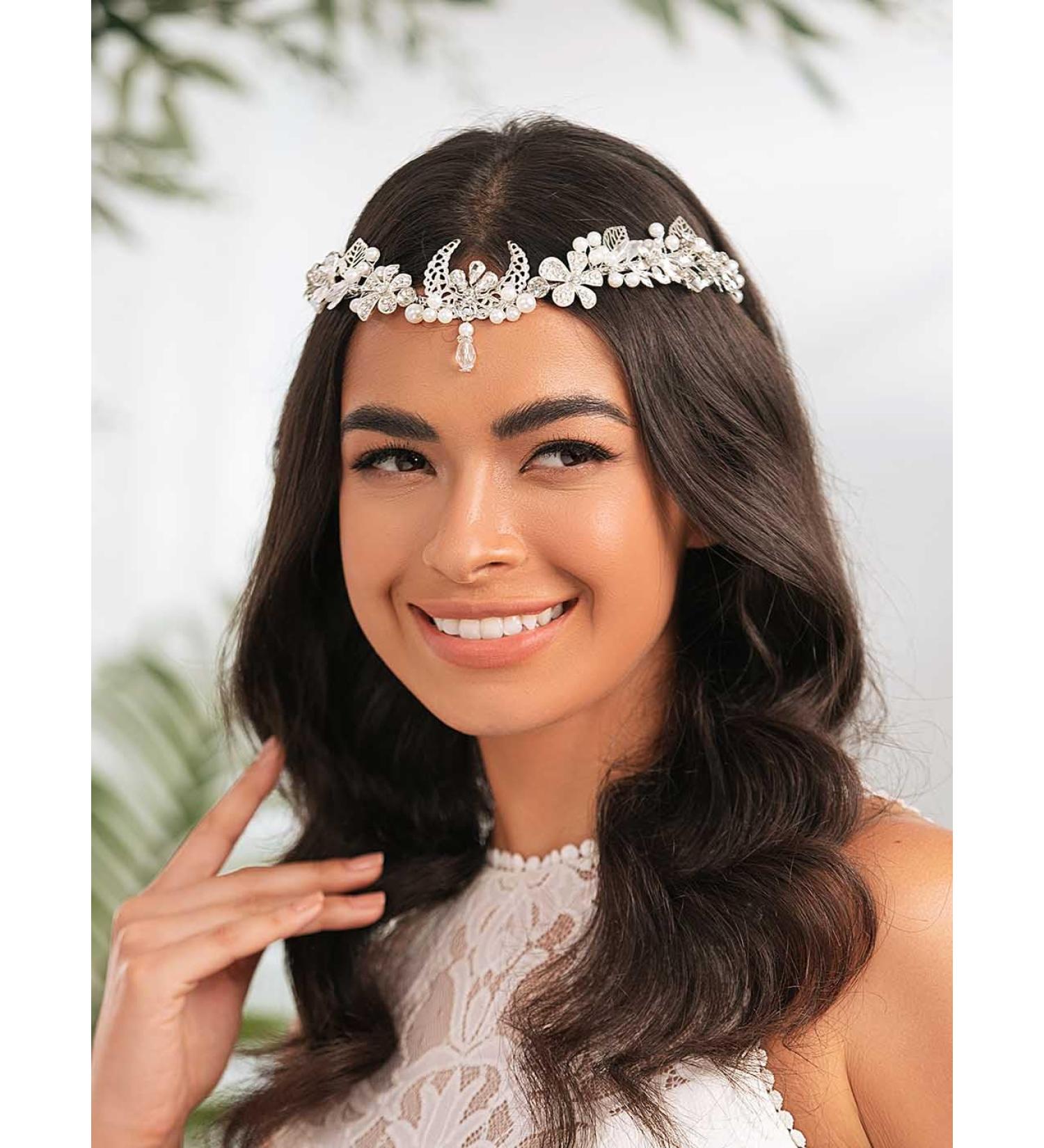 IYOU Moon Bridal Wedding Crown Silver Pearl Flower Headpiece Tiara Flower Bride Bridemaid Hair Accessories for Women - Buy Online on GoSupps.com
