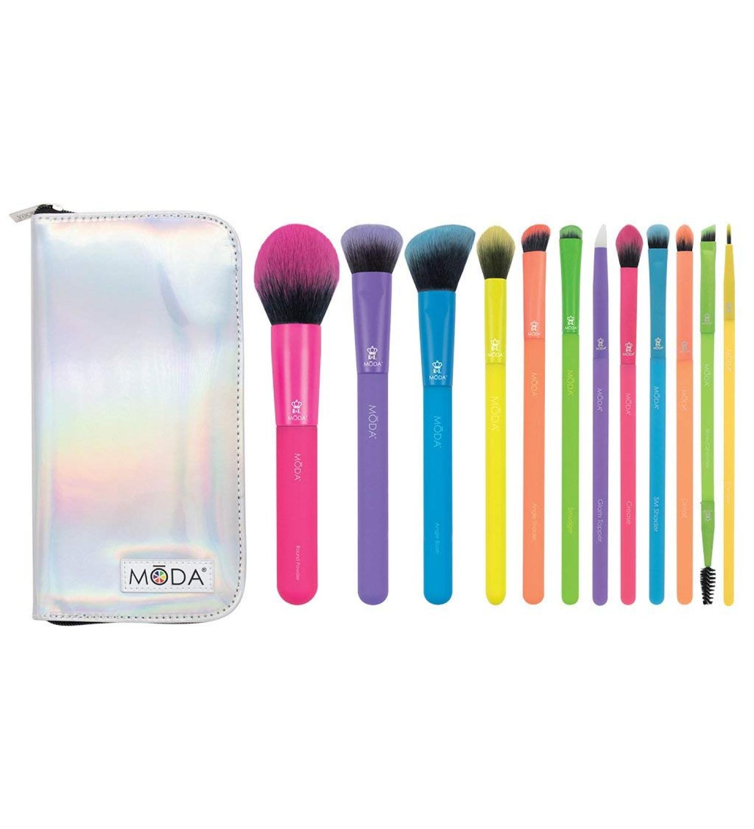 MODA Totally Electric 13pc Full Face Makeup Brush Set with Zip Case - Powder, Complexion, Blush, Shader, Smudger & Crease Brushes (Multi-colored) - Buy Online on GoSupps.com