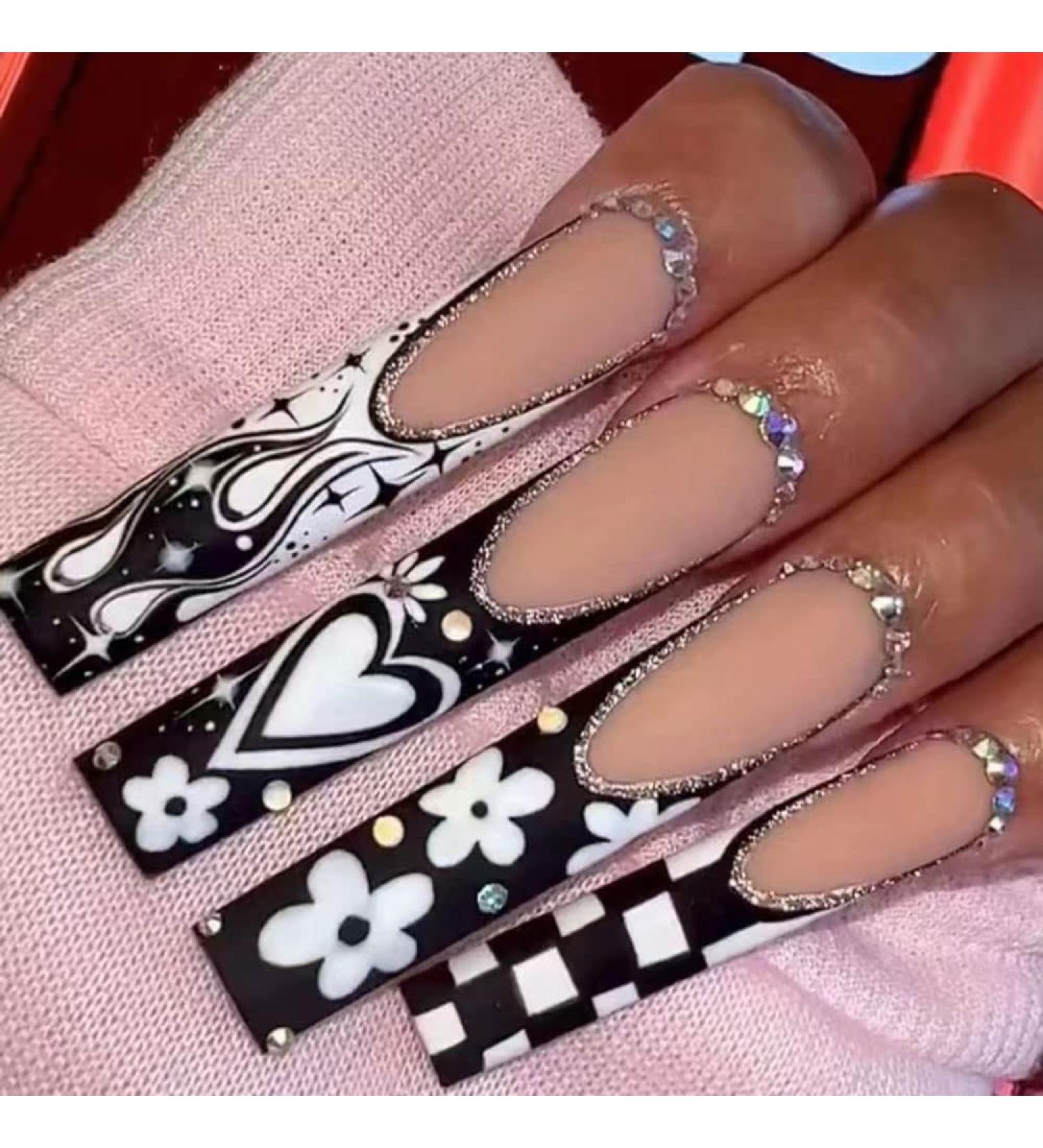 Magrace Long Square Press on False Nails with Rhinestone Designs - 24pcs Black Stick on Nails for Women - Buy Online on GoSupps.com