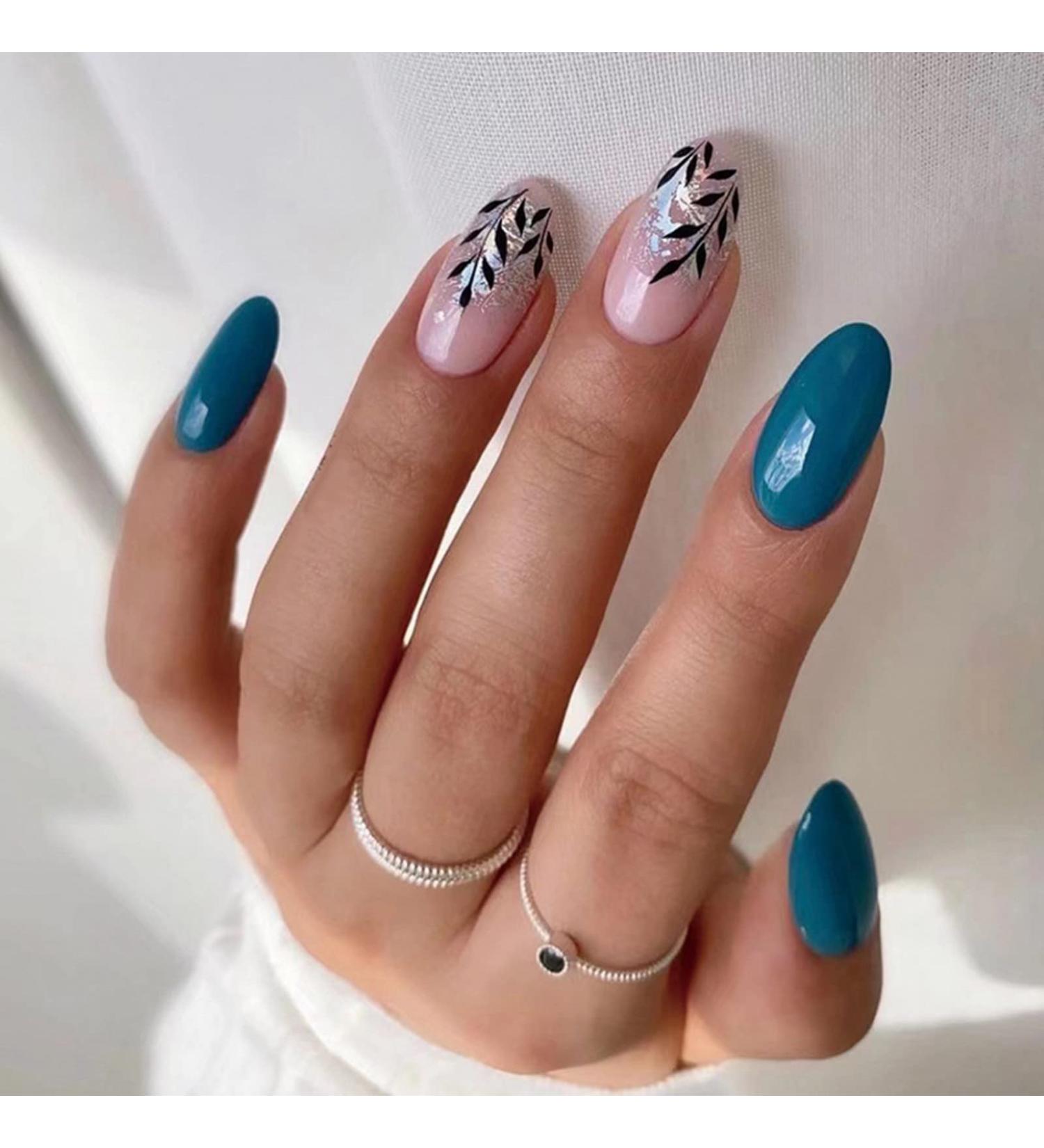 Justotry 24 Pcs Almond Navy Blue French Press on False Nails - Short Nude Fake Nails with Nail Glue - Pastel Oval Stick-on Nails for Women - Buy Online on GoSupps.com