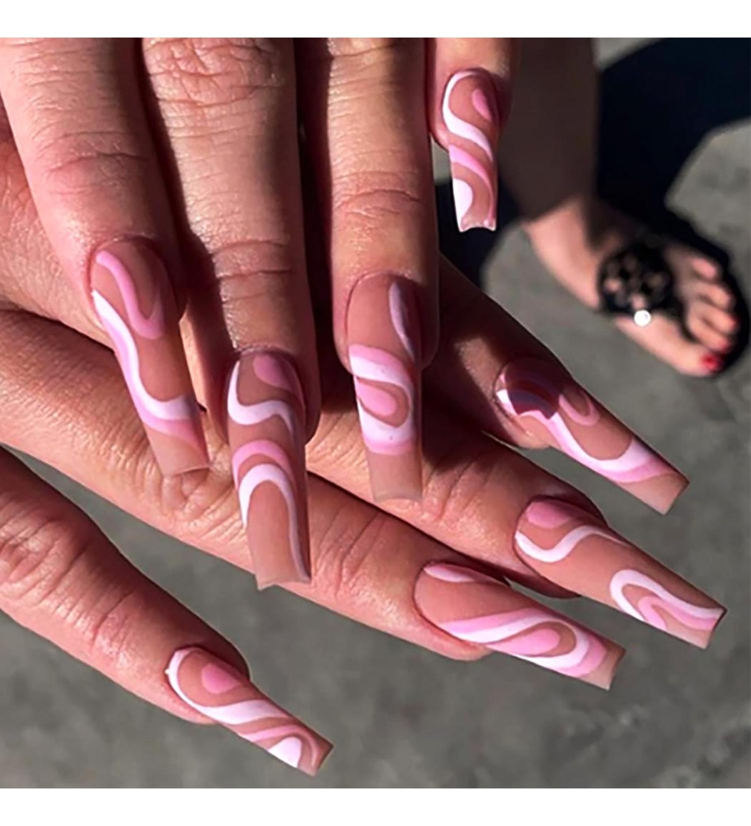 Brishow Long Press On Nails - Pink Lines Ballerina Acrylic Fake Nails | 24 Pieces for Women & Girls | International Shipping - Buy Online on GoSupps.com