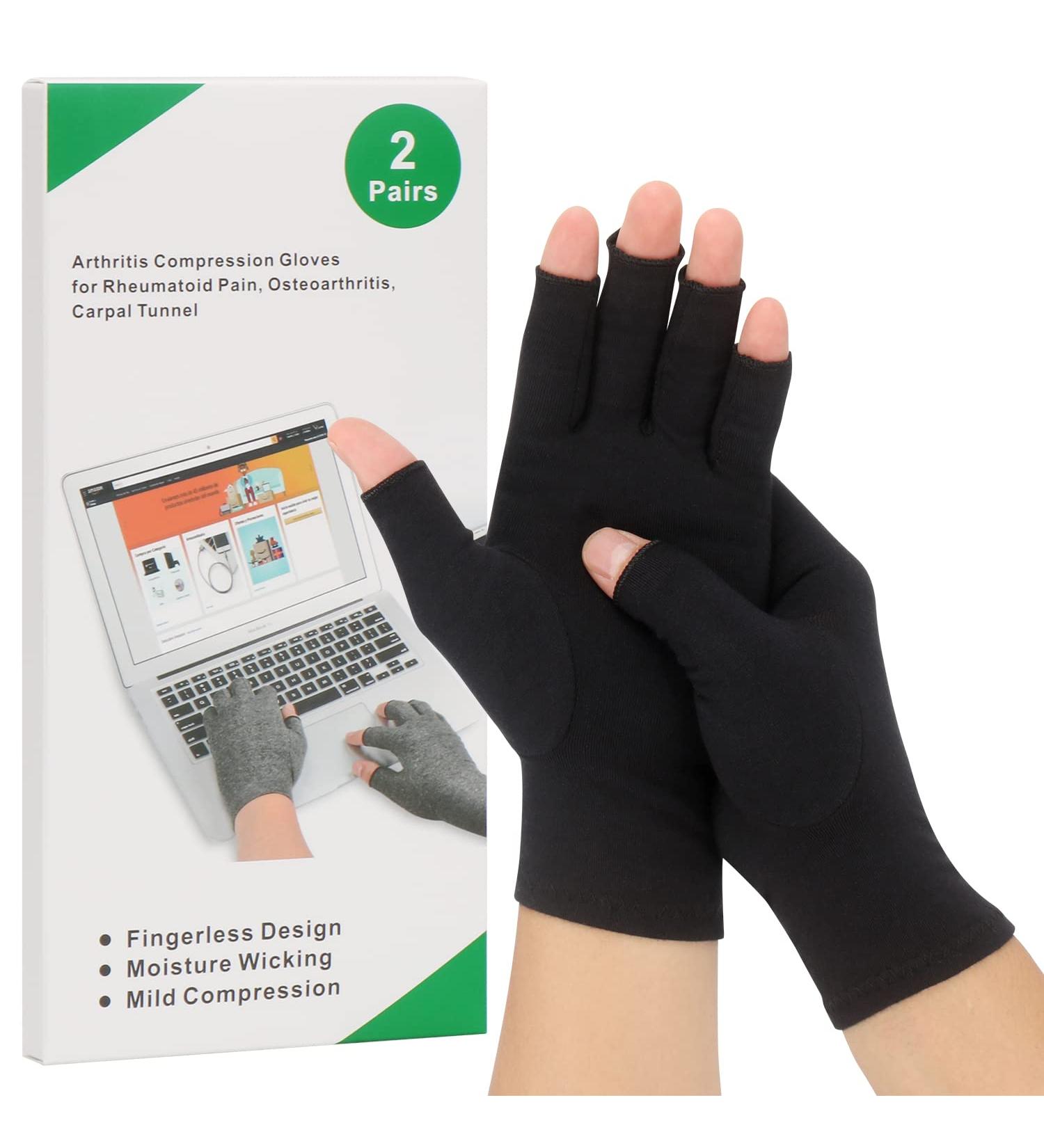 2-Pair Arthritis Compression Gloves for Rheumatoid & Osteoarthritis Relief - Fingerless Breathable & Moisture-Regulating - Unisex Size S (Black) - Buy Online on GoSupps.com