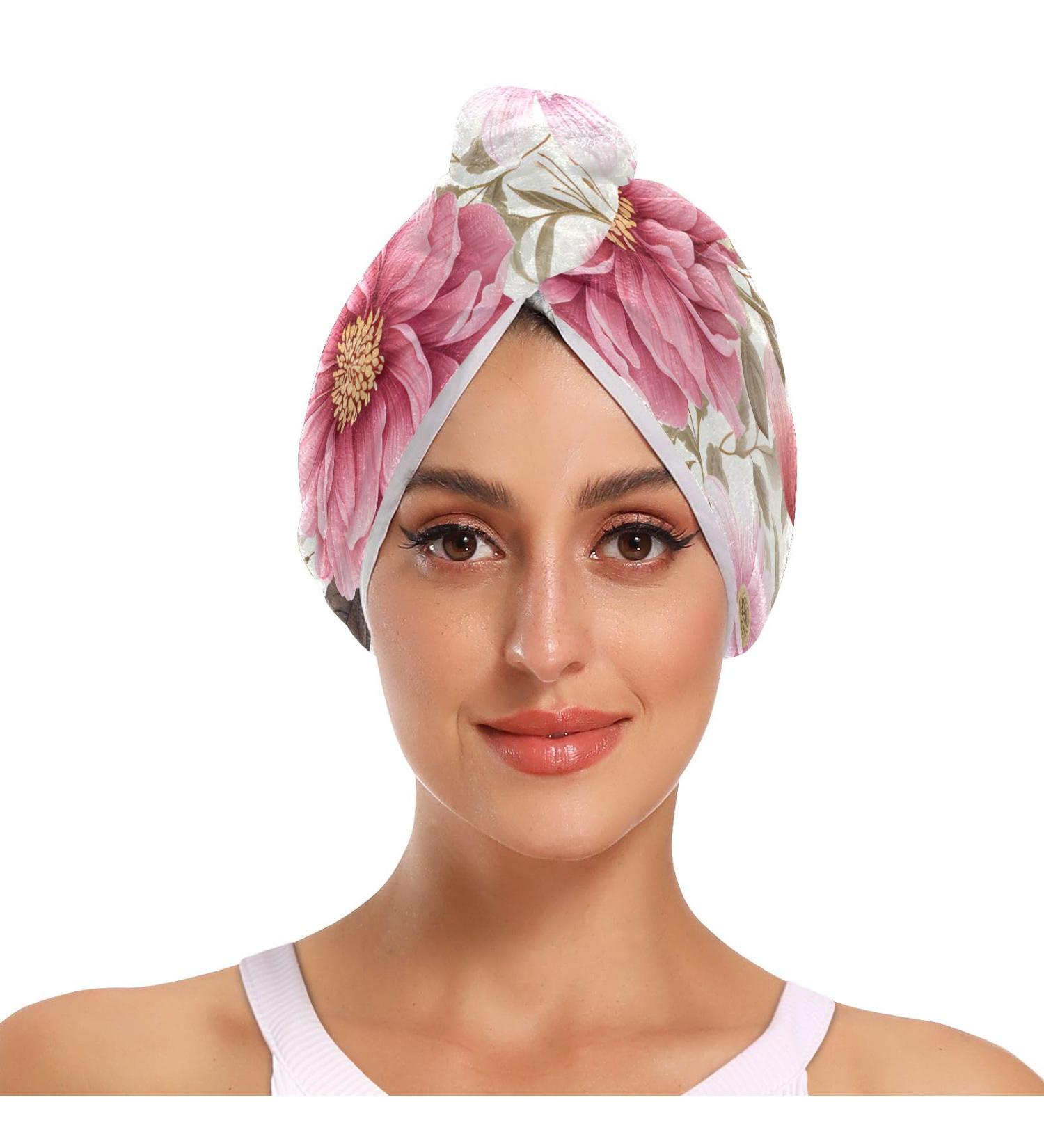 Pink Peony Hair Towel 2 Pack - Super Absorbent Quick Dry Hair Turbans for Women & Girls - Buy Online on GoSupps.com