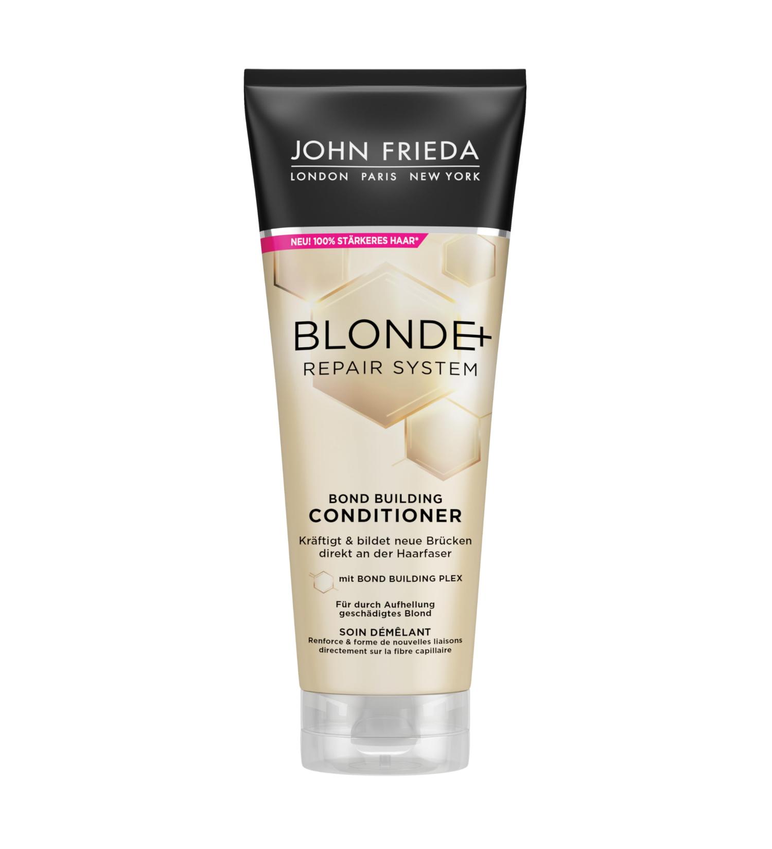 John Frieda BLONDE+ Repair System Conditioner With Bond Building Plex Contents: 250 ml For blondes damaged by lightening Strengthens and forms new bonds directly on the hair - Buy Online on GoSupps.com