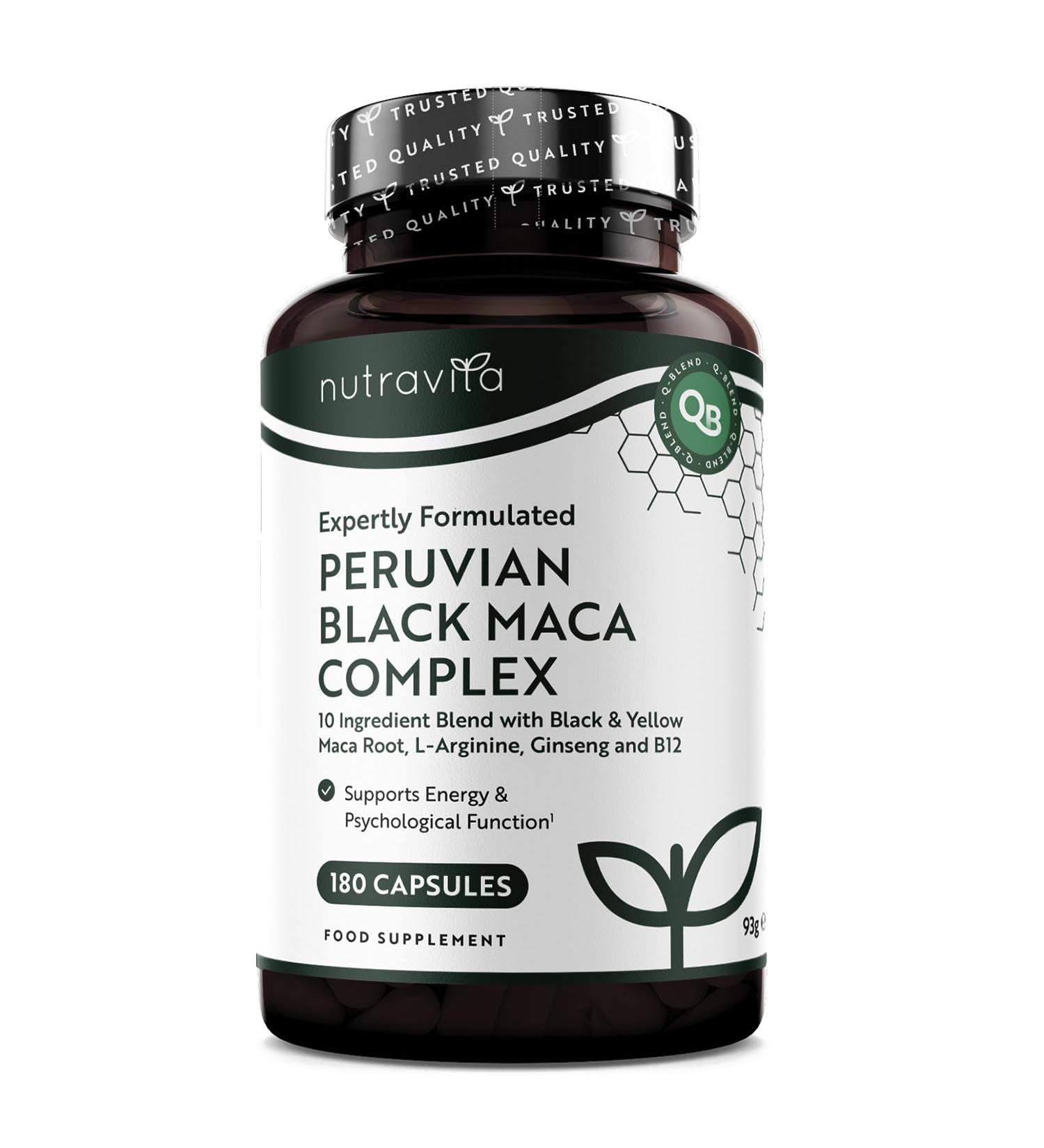 Nutravita Complex de Maca Noir 6000mg avec Zinc Vitamine B12 Ginseng Fenugrec Vitamine B6 L Arginine - M tabolisme nerg tique Fonction Psycologiques Normales (EFSA) 180 Capsules pour 6 Mois - Buy Online on GoSupps.com