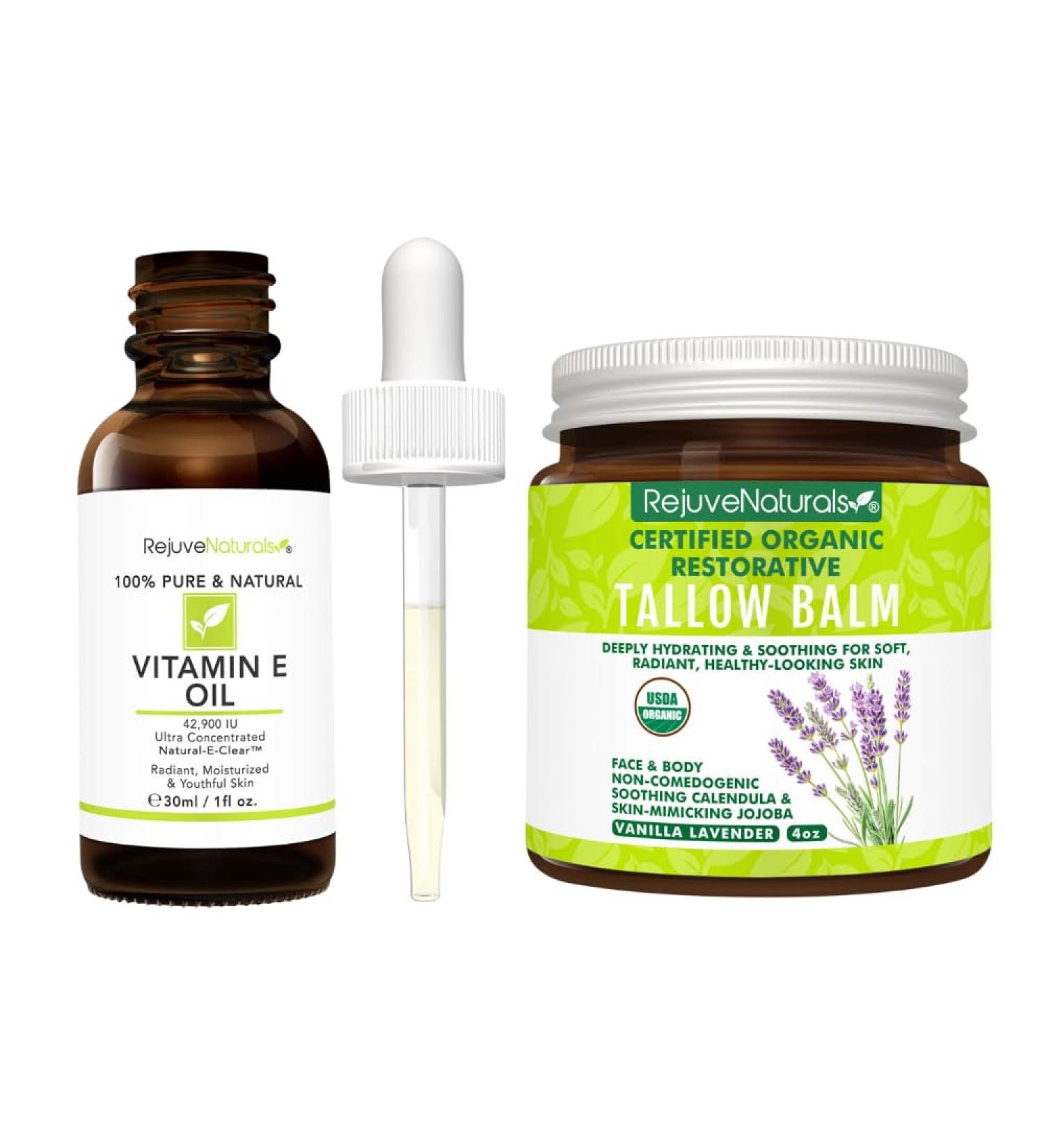 Rejuve Naturals Vitamin E Oil & Organic Tallow Balm Bundle Deep Moisture for Face,Body 100% Pure d-Alpha Tocopherol + USDA Organic Grass-Fed Tallow, Beeswax & Jojoba Nourish Dry Skin - Buy Online on GoSupps.com