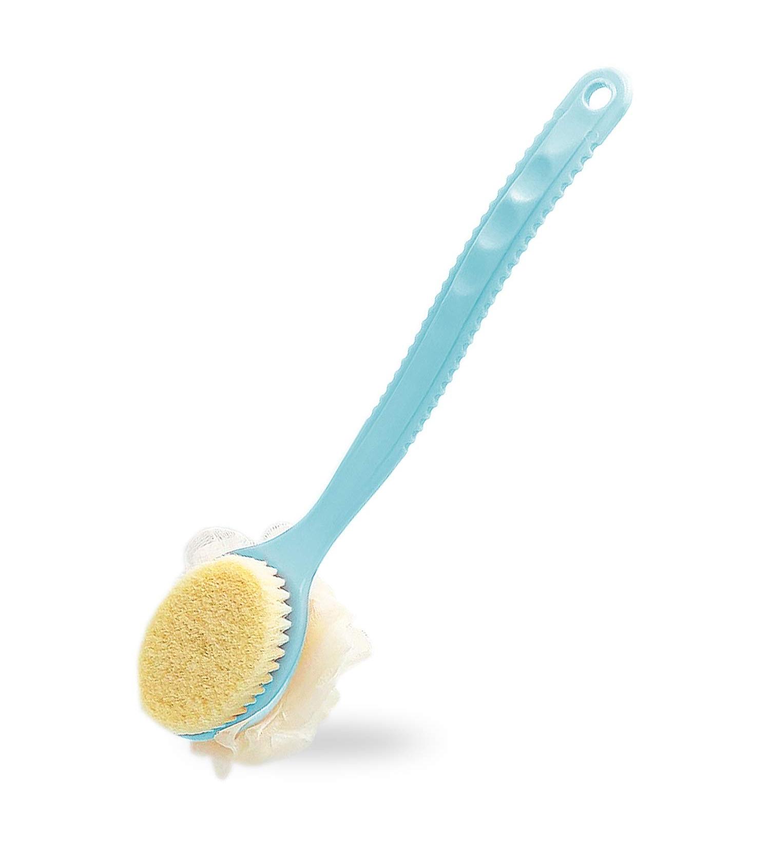 Long Handle Shower Body Brush with Comfy Bristles and Loofah for Skin Exfoliating - Blue - Buy Online on GoSupps.com