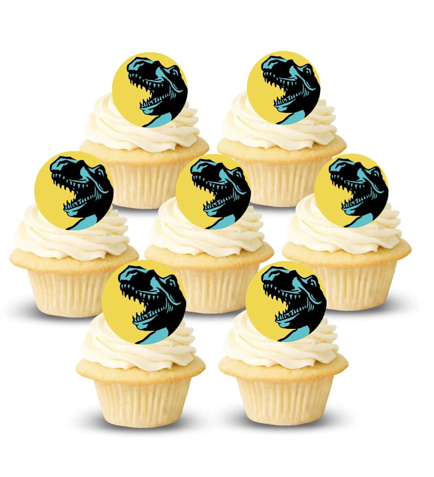 24x Pre-cut 4cm Blue T-Rex Dinosaur Yellow Circles Edible Thick Standing Cupcake Toppers Birthday Party Cake Decorations