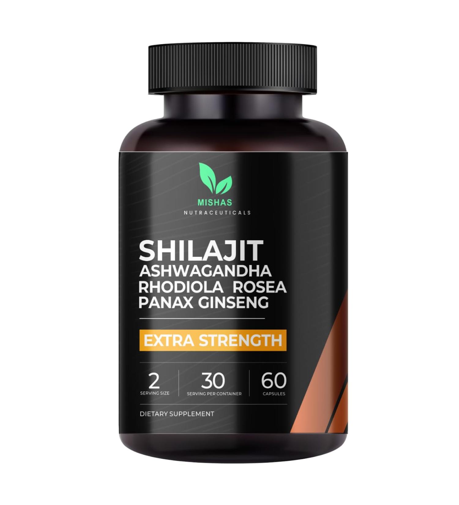 Mishas Nutraceuticals Shilajit for Men Women, Ashwagandha, Rhodiola Rosea, Panax Ginseng, Shilajits, 60 Capsules Vegan - Buy Online on GoSupps.com