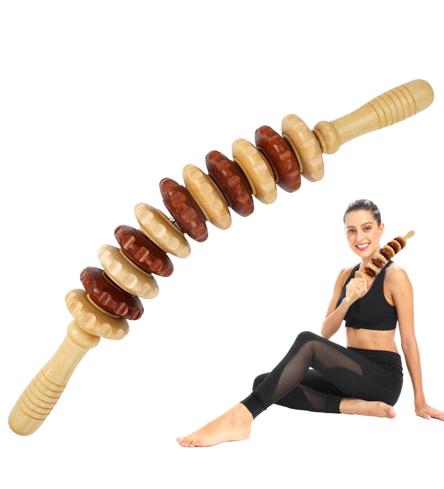 41cm Wooden Massage Roller - Anti-Cellulite Fascia Roll with Handle for Neck Legs & Back Relief - Buy Online on GoSupps.com