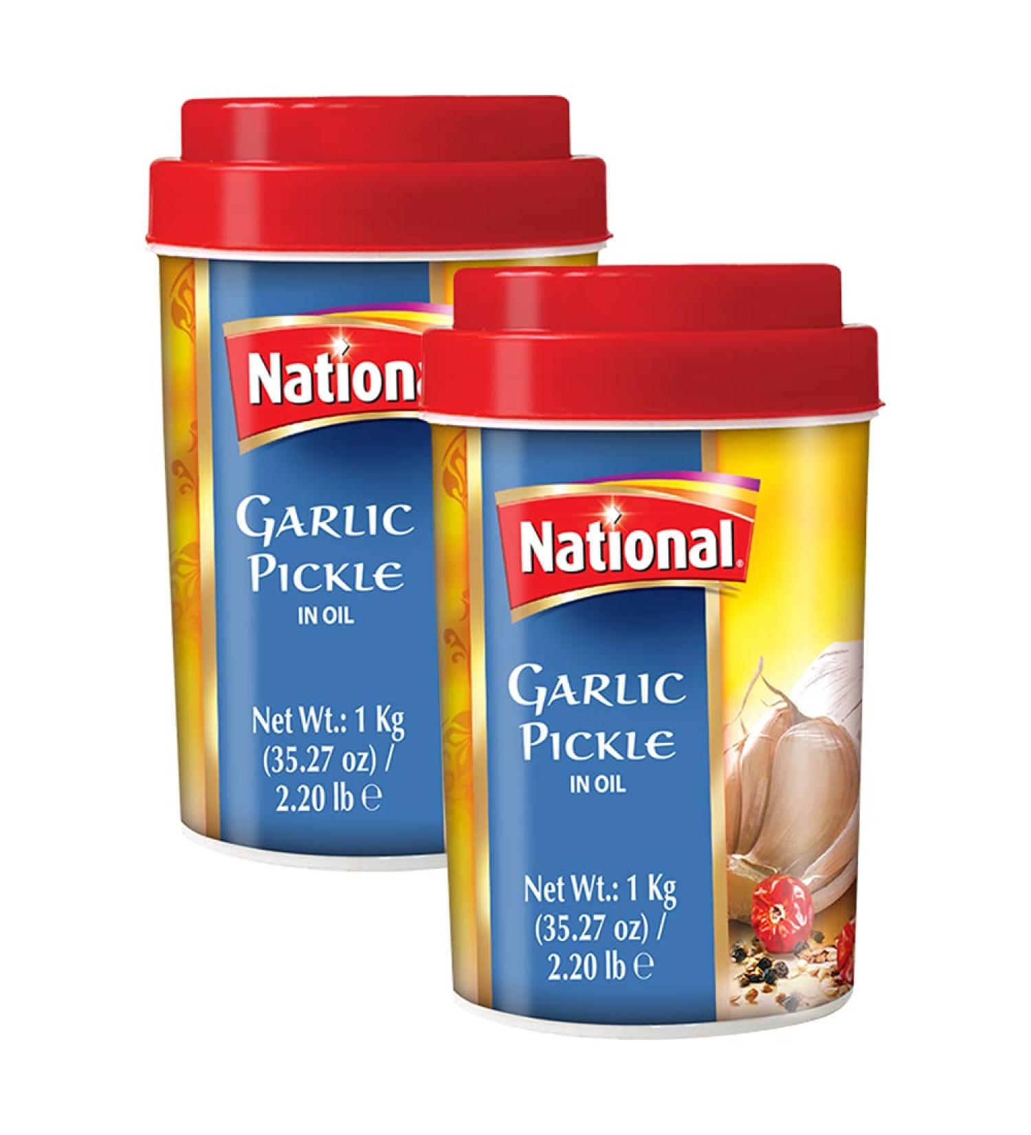 National Foods Garlic Pickle 35.27 oz (1000g) Spicy Traditional South Asian Relish | Zesty & Tangy Lahsun Achaar | Plastic Jar | Pack of 2 Garlic (1000g) 1 kg (Pack of 2) - Buy Online on GoSupps.com