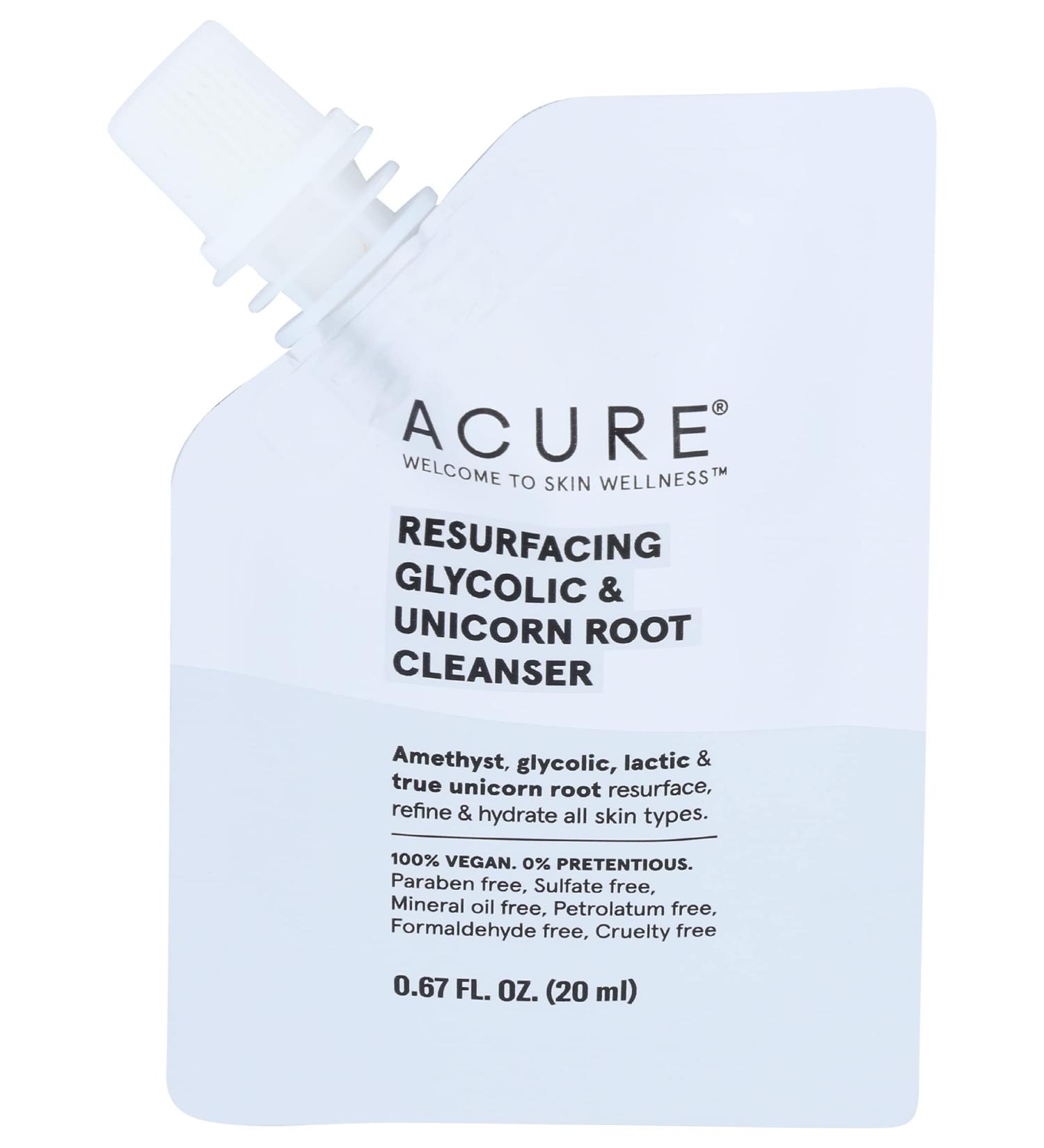 Acure Resurfacing Glycolic Cleanser with Unicorn Root - 0.67 fl oz (20 ml) - Exfoliate & Revitalize Skin - Buy Online on GoSupps.com