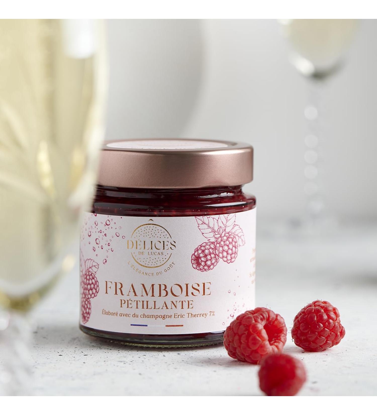 O D lices de Lucas Lucas' Delights Sparkling Raspberry Fruit Preparation with Champagne 58% Fruit Handcrafted and Made in France 230g Glass Jar French Gastronomy - Buy Online on GoSupps.com