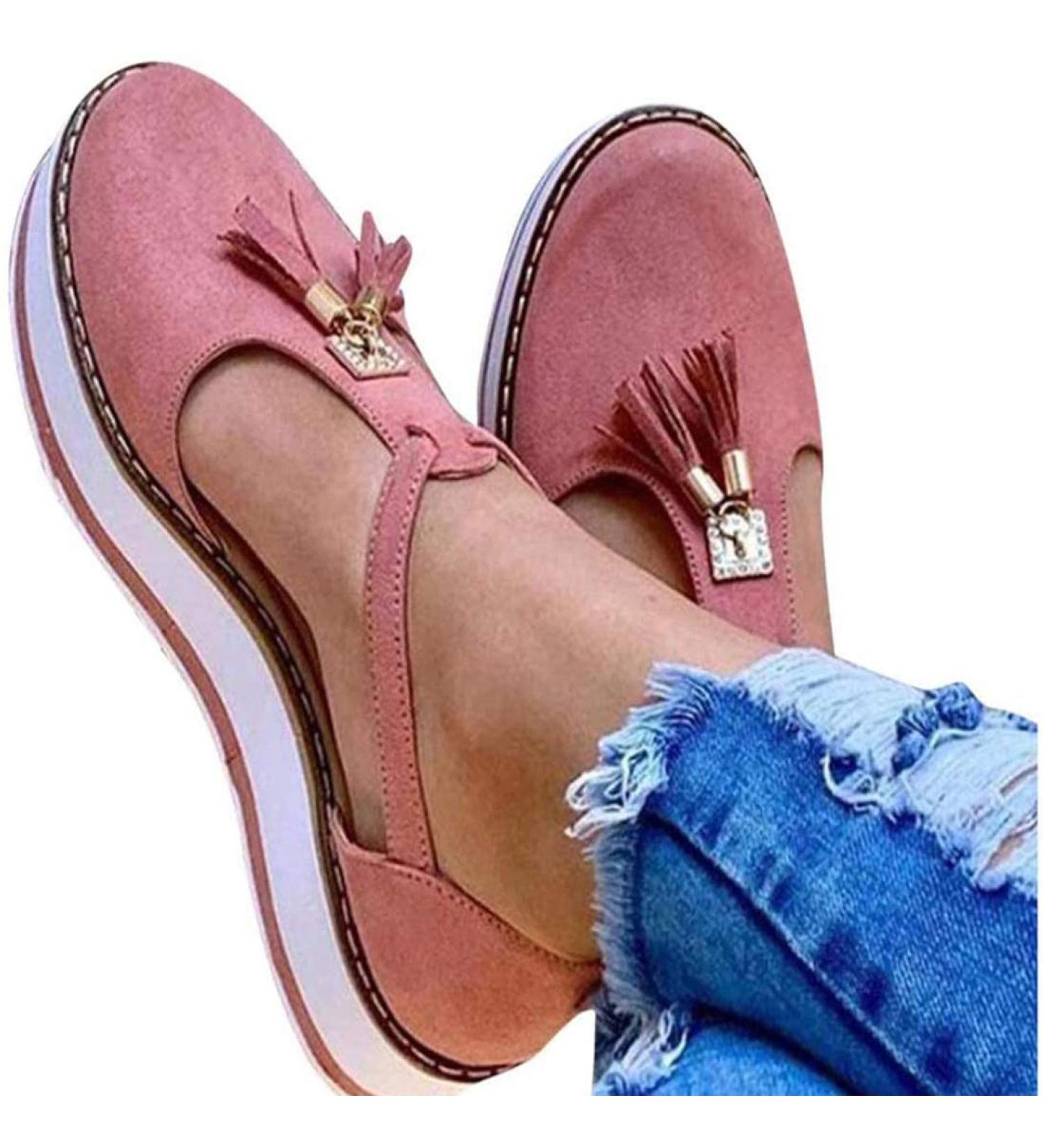 Stylish Dam Roze Women's Platform Sandals | Tassel Leather Closed Toe Buckle Ankle Straps - Vintage Espadrilles for Summer Beach & Outdoor Leisure - Buy Online on GoSupps.com