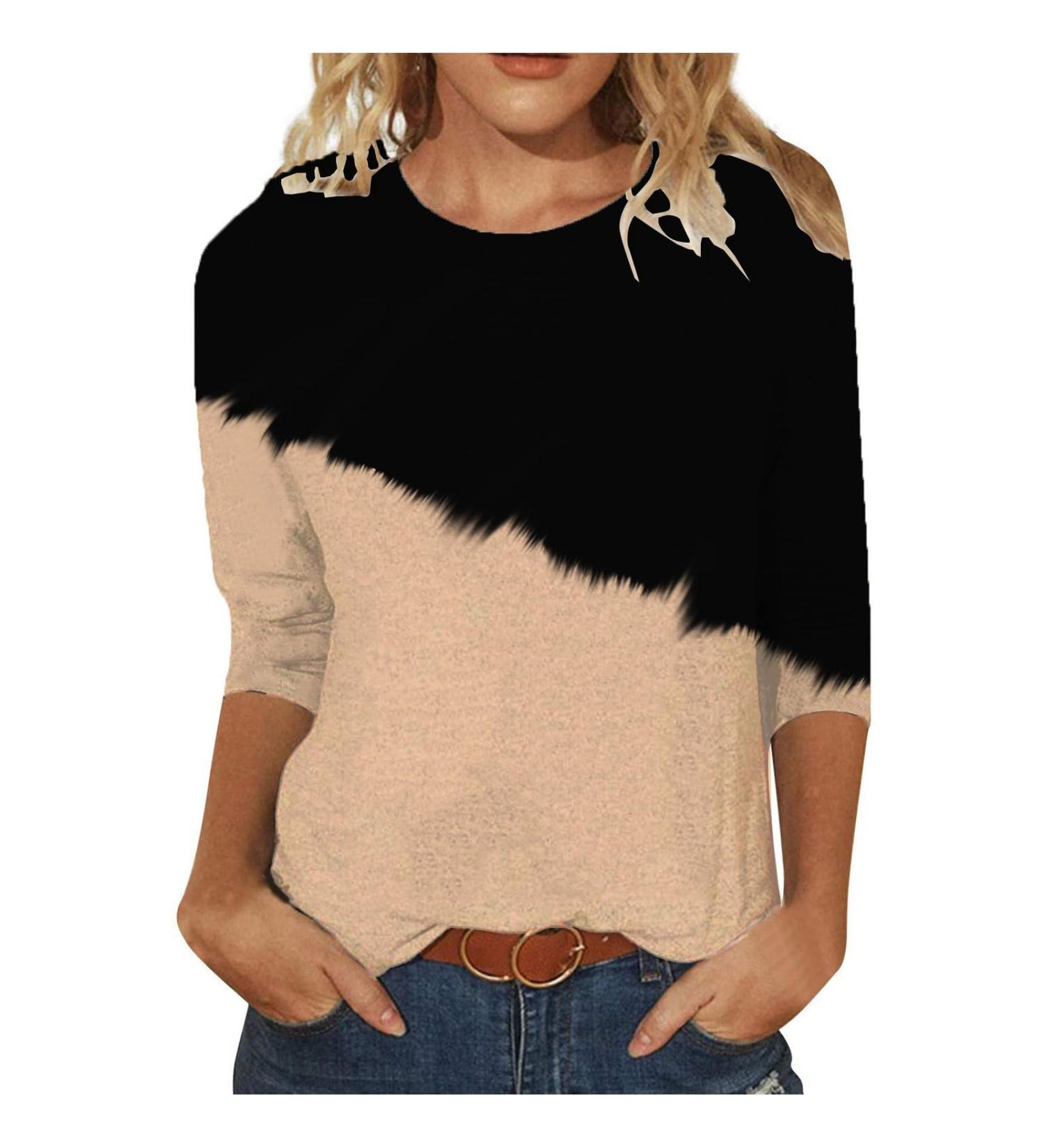 Yihaojia Fall Tops for Women 2023 Trendy 3/4 Sleeve Crewneck T Shirts Tee Plaid/Stripes Print 3/4 Sleeves Pullover Blouse Khaki#198 Large - Buy Online on GoSupps.com