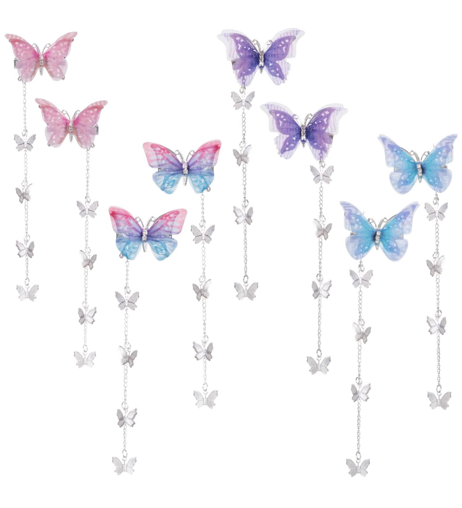 PAGOW 8pcs Glitter Long Butterfly Hair Tassel Clips - Rhinestone Bobby Pins Wedding Accessories for Women Girls Teens (Blue Purple Pink) - Buy Online on GoSupps.com