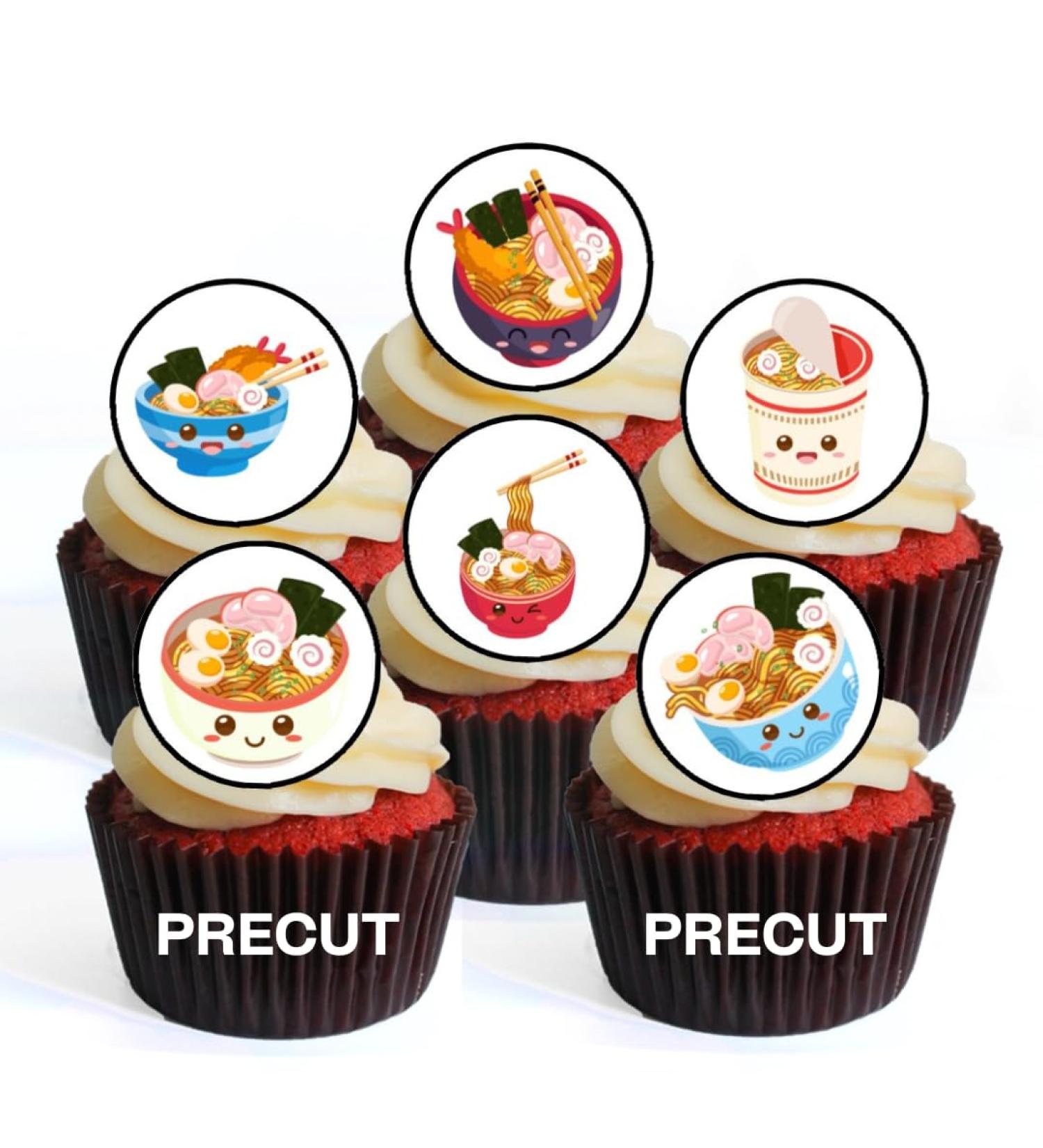 PRECUT Kawaii Ramen Edible Cupcake Toppers - Cute Kawaii Ramen Bowl Theme Premium Thickness SWEETENED VANILLA - wafer card disc cake decorations (Pack of 12) - Buy Online on GoSupps.com