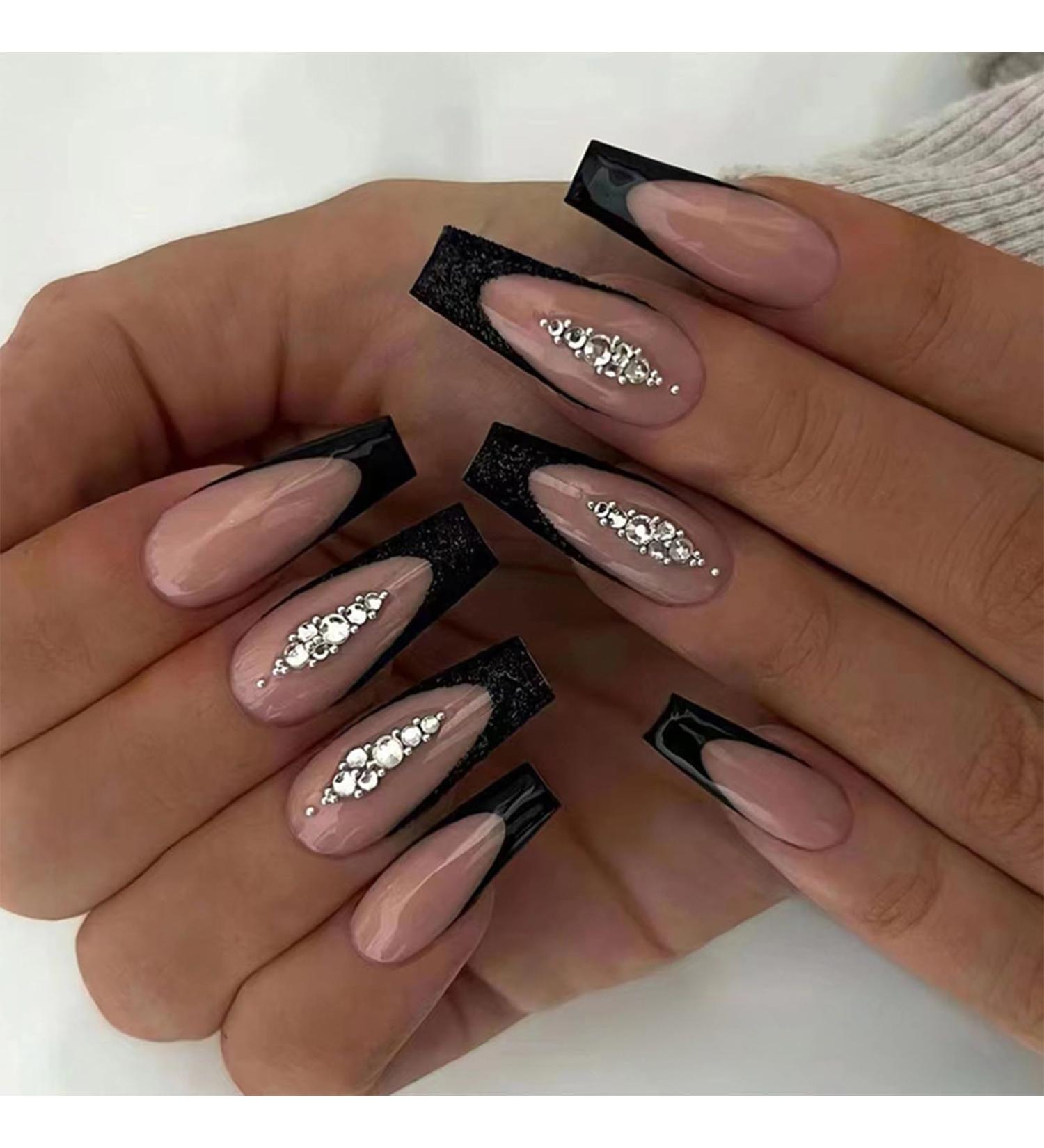 24pcs Long Coffin False Nails French Black Tip Stick on Nails Nude Pink Press on Nails with Rhinestones Removable Glue-on Nails Full Cover Fake Nails Women Girls Nail Art Accessories 0267Y95 - Buy Online on GoSupps.com