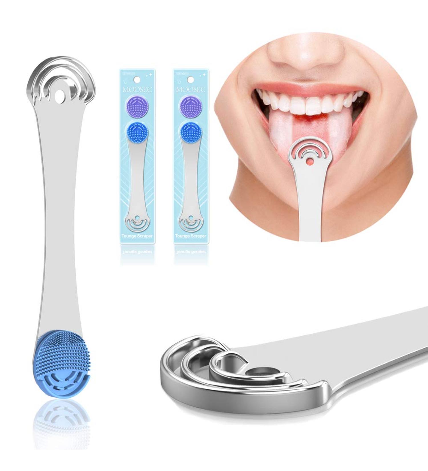 Premium 100% Stainless Steel Tongue Cleaner Set - 2 Interchangeable Brushes for Effective Bad Breath Control - Durable & Ergonomic Design - Buy Online on GoSupps.com