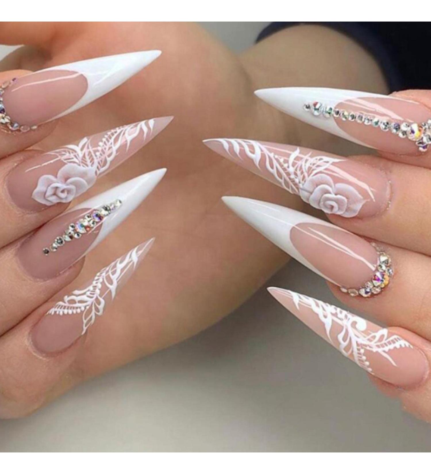 Kamize Stiletto Press on Fake Nails with Rhinestones and Flower Design - Full Cover Acrylic Bling False Nails for Women and Girls - Buy Online on GoSupps.com