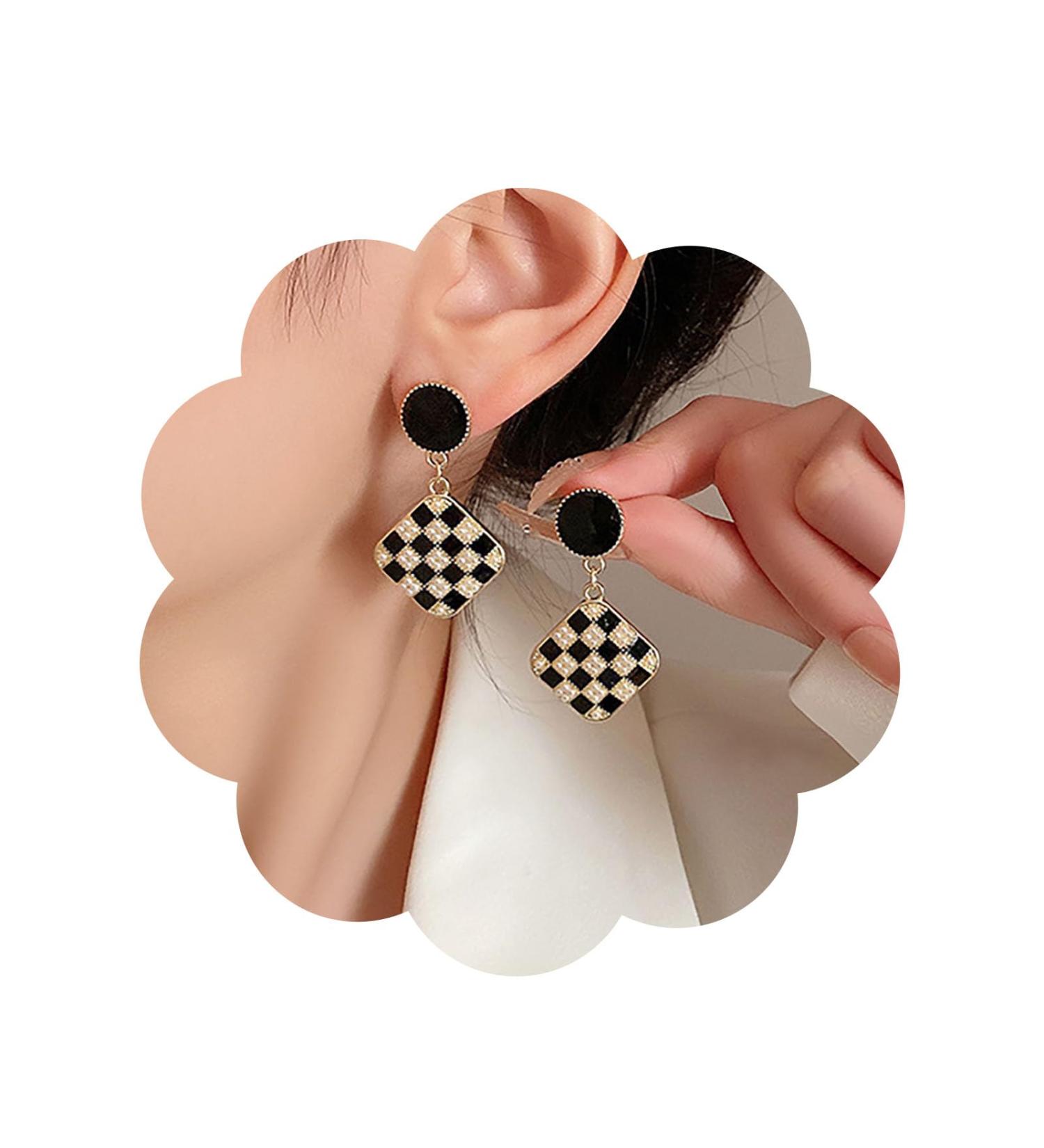 Vintage Black White Checkered Square Drop Earrings - Geometric Jewelry for Women - Stylish Black Disc Studs - Buy Online on GoSupps.com
