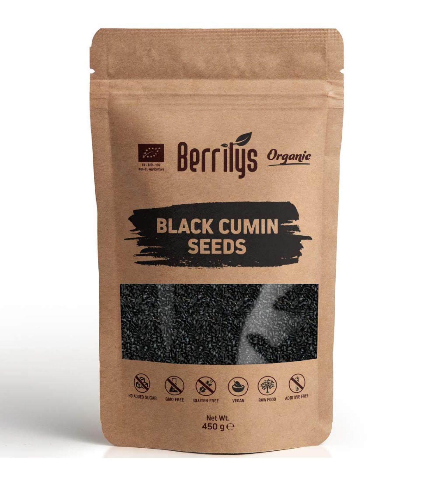 Berrilys Organic Black Cumin Seeds 450g - Raw Non-GMO Nigella Sativa Kalonji - Premium Quality - Buy Online on GoSupps.com