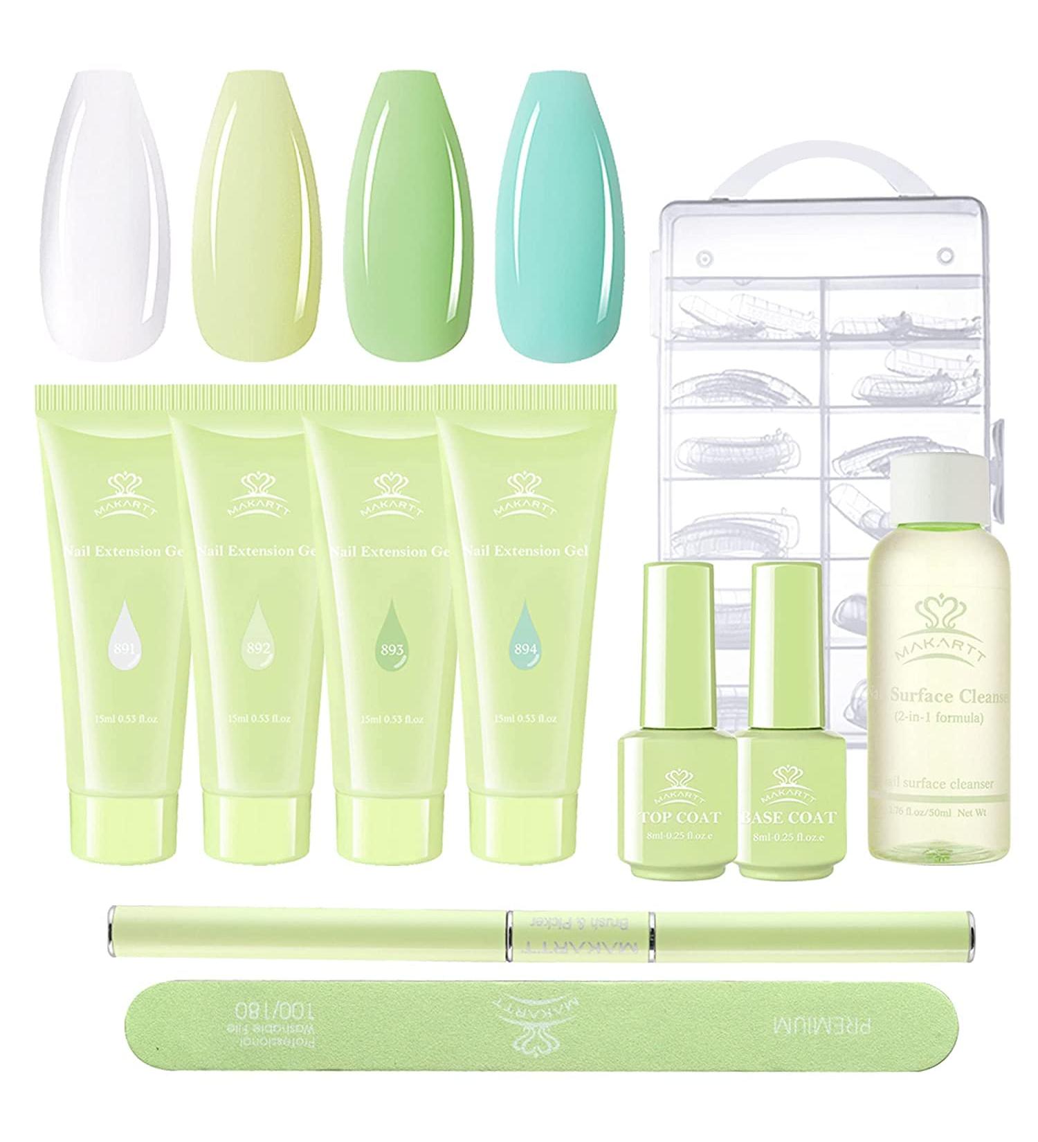 Makartt Green Poly Nail Gel Kit 15ML Gel Nail Builder Kit with Slip Solution Clear Nails Acrylic Gel Nail Kit for Nail Building Nail Extension Kit Dual Forms Base Top Coat All-in-One Gel Nail Starter Kit - Buy Online on GoSupps.com