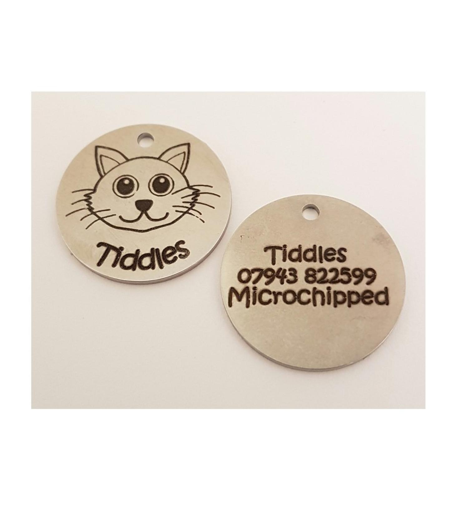 KNIFE-POINT ENGRAVED PET CAT KITTEN ID TAG ID DISCS - STAINLESS STEEL ENGRAVED (CAT FACE - SMALL DISC) - MANUFACTURED BY LINK INDUSTRY LTD