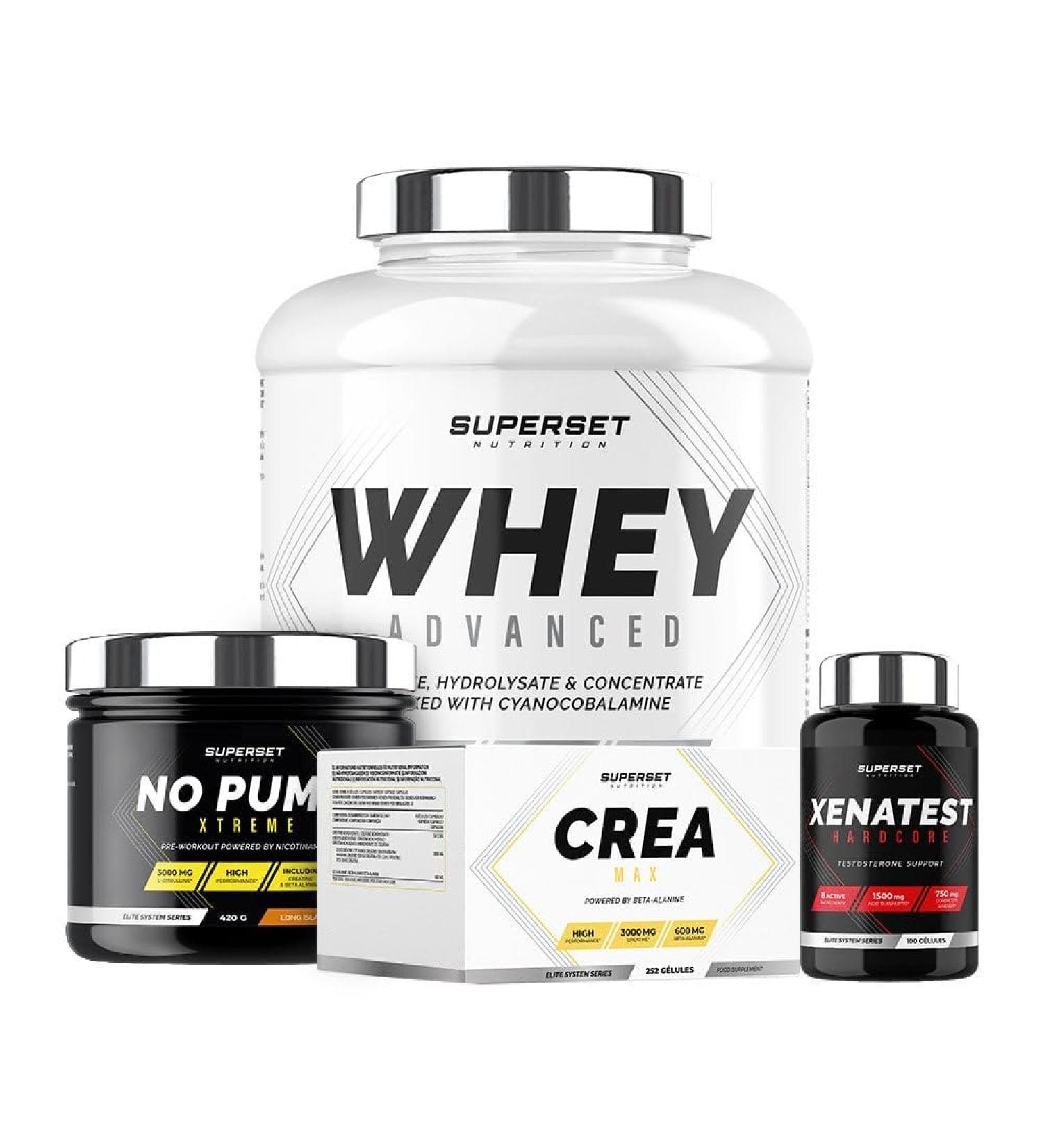 Superset Nutrition | Expert Dry Muscle Gain Program - 100% Whey Protein Advanced 2kg Chocolate - No Pump Xtreme - Cr a Max - Xenatest Hardcore - Buy Online on GoSupps.com