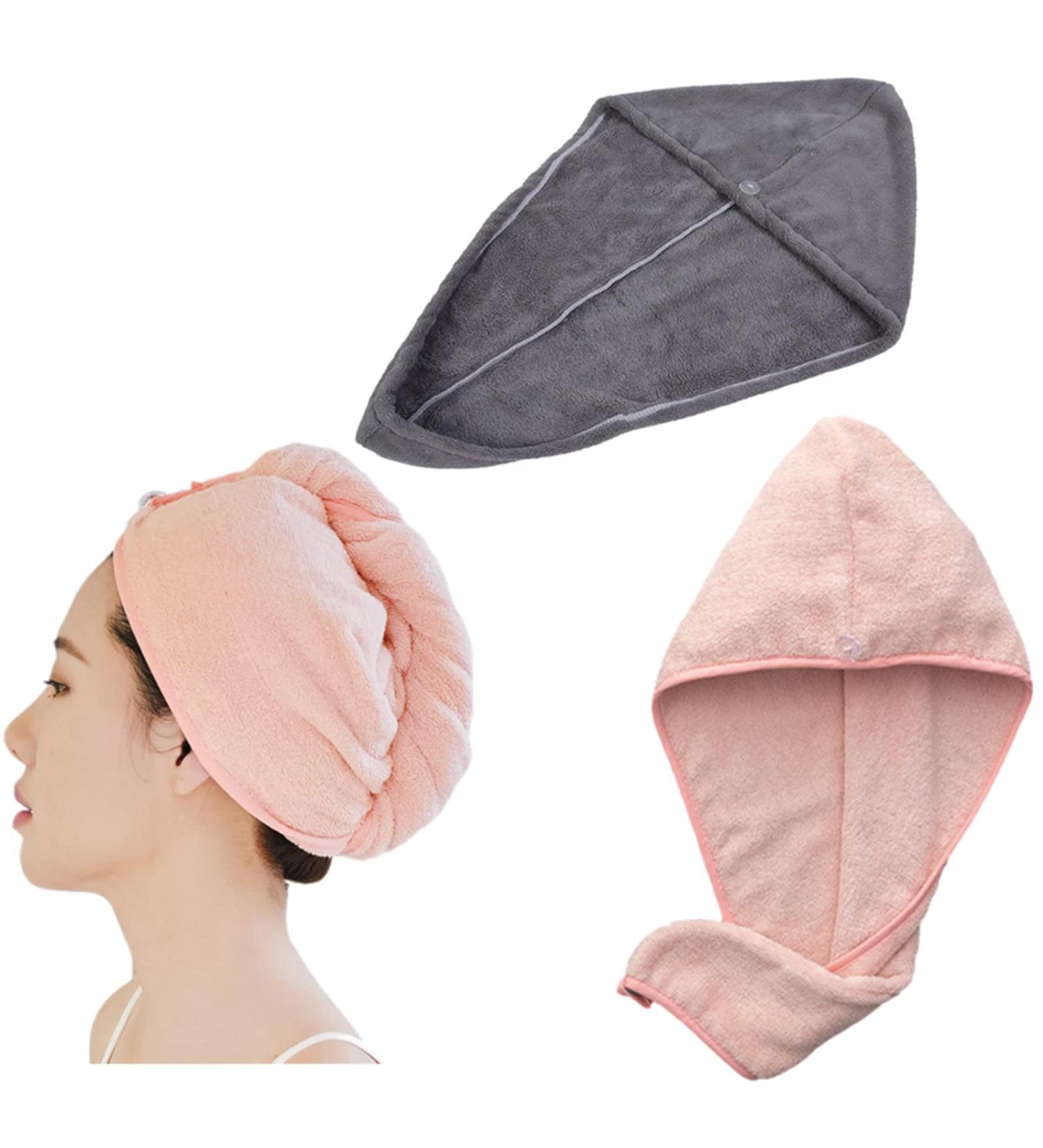 Qyiqis Quick-Dry Hair Turban Set - 2 Absorbent Microfiber Towels for All Hair Types | Shower Hood with Button - Buy Online on GoSupps.com