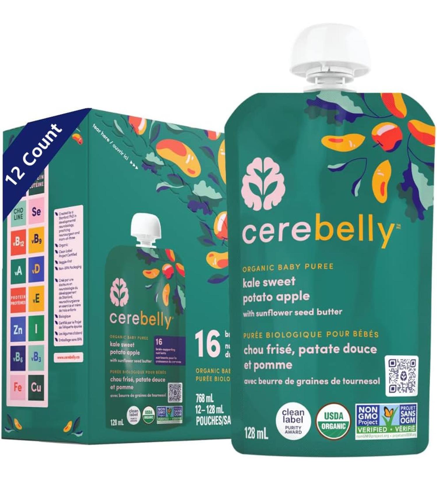 Cerebelly Organic Kale Sweet Potato Apple with Sunflower Seedbutter Baby Food Veggie Puree 12-Pack Carton