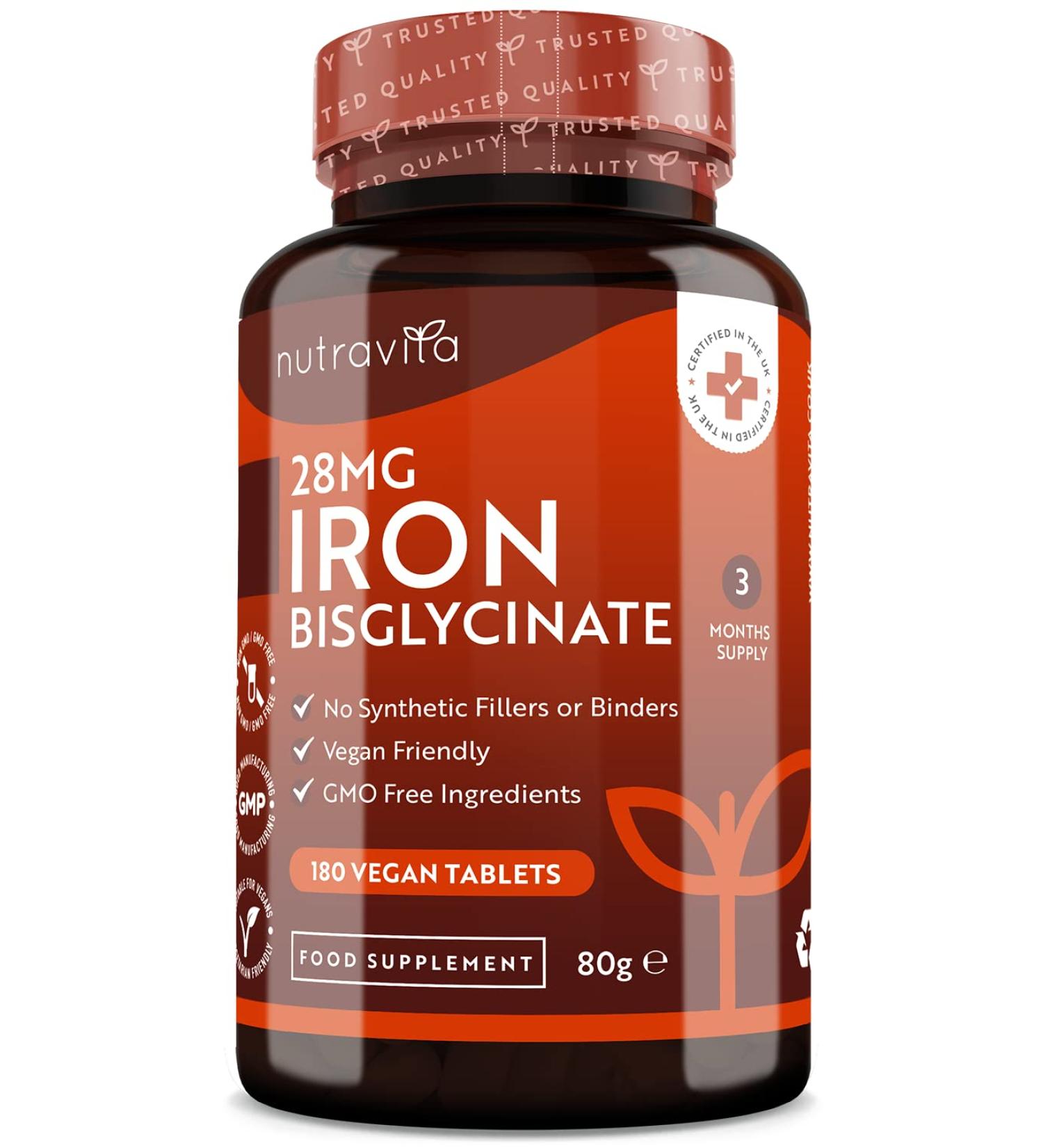 Nutravita Iron Tablets 28mg - 180 Vegan Tablets | Reduce Fatigue & Boost Energy | 3-Month Supply | Made in UK - Buy Online on GoSupps.com