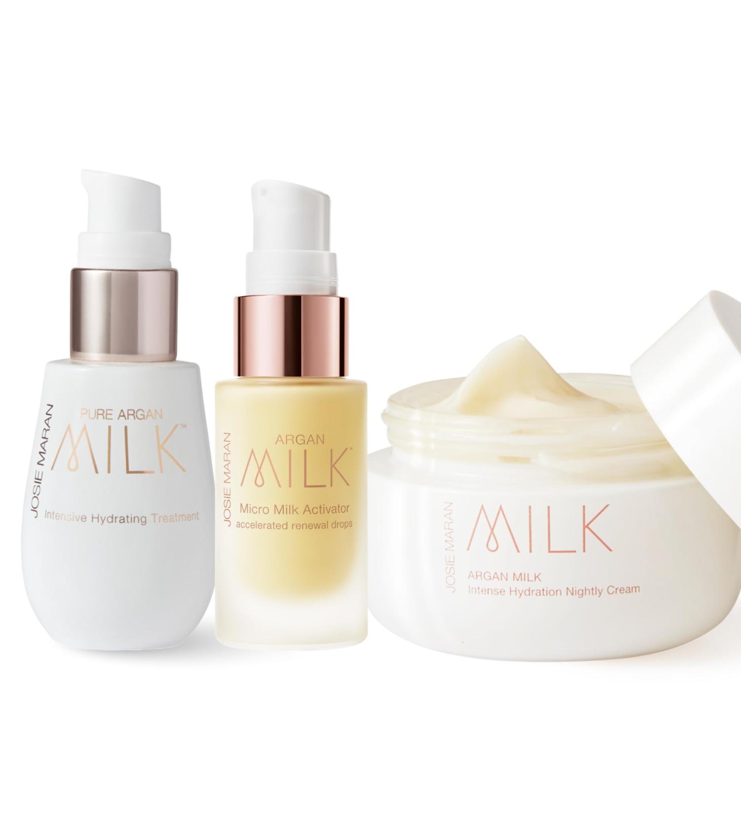 Josie Maran Argan Milk For All - 3-Piece Ritual Includes Intensive Hydrating Treatment Accelerated Renewal Drops and Intense Hyration Night Cream (3 Count) - Buy Online on GoSupps.com