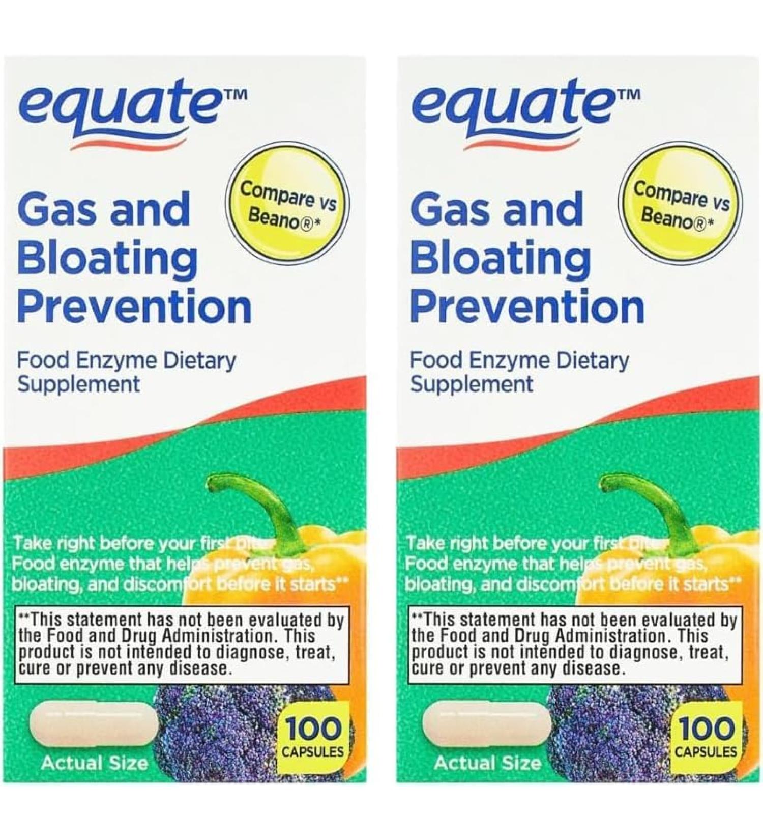 Equate Gas and Bloating Relief Support Food Enzyme Dietary Supplement Digestive Comfort Capsules 100 Count (Pack of 2) + Exclusive ''Thank You'' Sticker by MEELTA - Buy Online on GoSupps.com