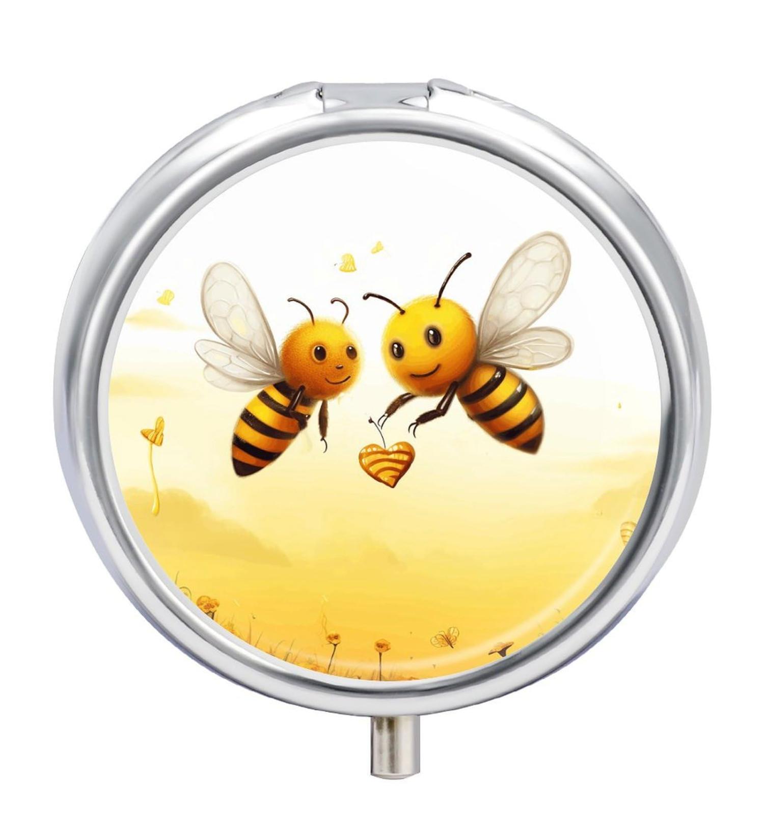 Round Bee Love Honey Print Pill Box - 3 Compartment Portable Pill Organizer - Decorative Metal Pocket Pill Case - Buy Online on GoSupps.com