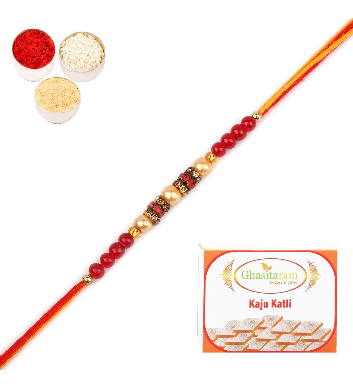 Ghasitaram Gifts Rakhi for Brother Rakhis Online - 6941 Pearl Rakhi for My Brother with 400 GMS of Kaju katli Rakhi with 400 gms of Kaju katli - Buy Online on GoSupps.com