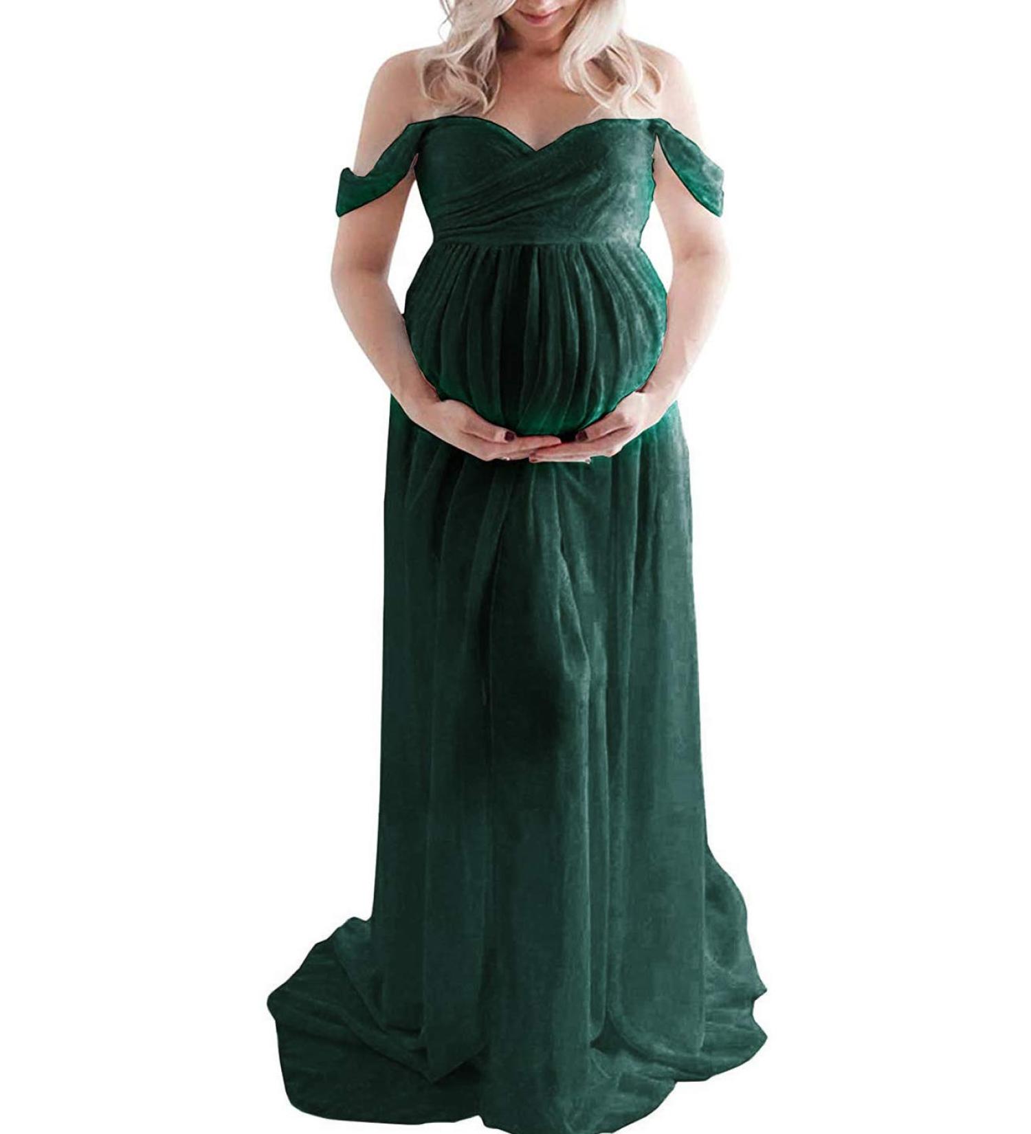 FEOYA Green Maxi Maternity Dress with Lace for Pregnant Women - Perfect for Photography, Strapless Gown with Split Front - Full-Length Chiffon Elegance - Buy Online on GoSupps.com