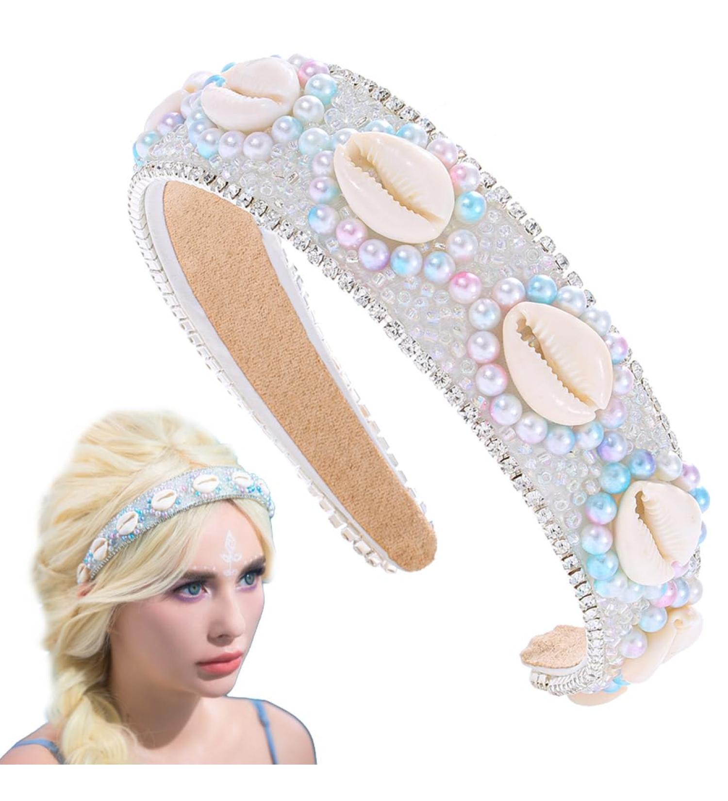 Flayem Pearls Shell Headband Rhinestone Padded Wide Hair Band Mermaid Beach Hair Hoop for Women and Girls Holiday Party (Blue Pearls) - Buy Online on GoSupps.com