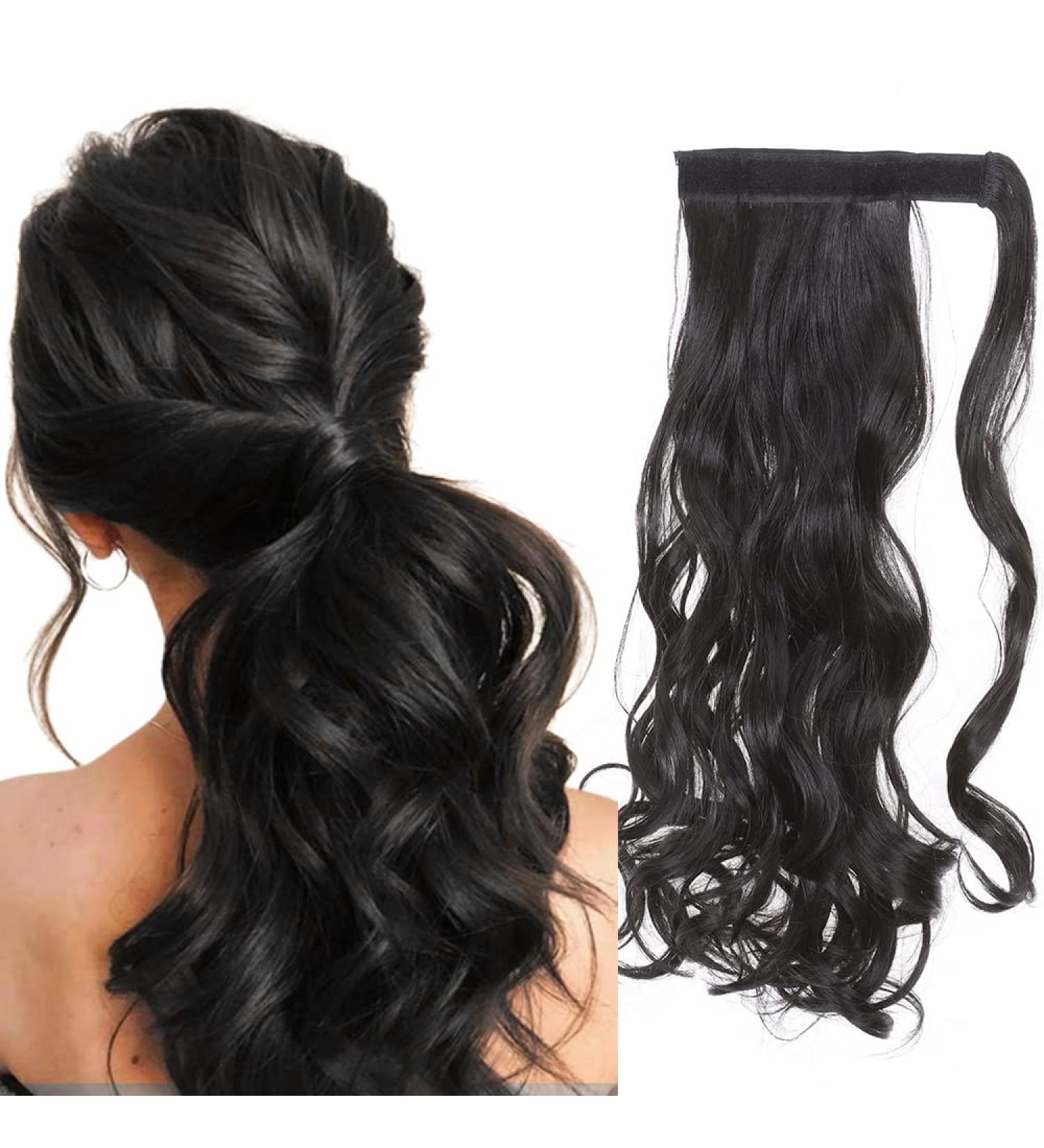 24 Long Curly Wavy Wrap Around Ponytail Clip in Hair Extensions | Natural Black 24 Inch One Piece Hairpiece for Women - Buy Online on GoSupps.com