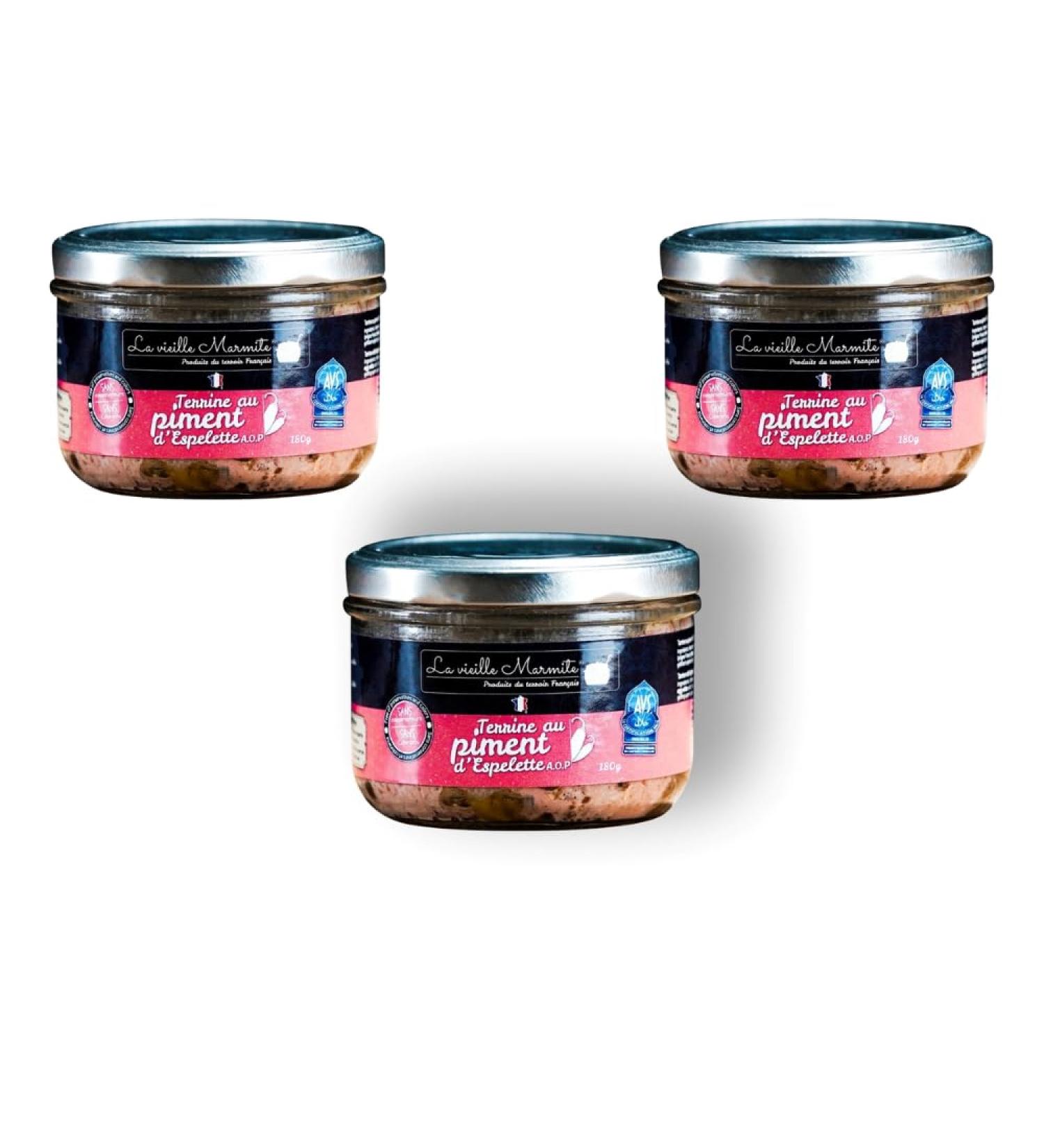 La Vieille Marmite Halal Espelette Pepper Terrines 180 Gr Pack of 3 - Rustic and spicy terrine made with quality ingredients - Artisanal know-how - Made in France.