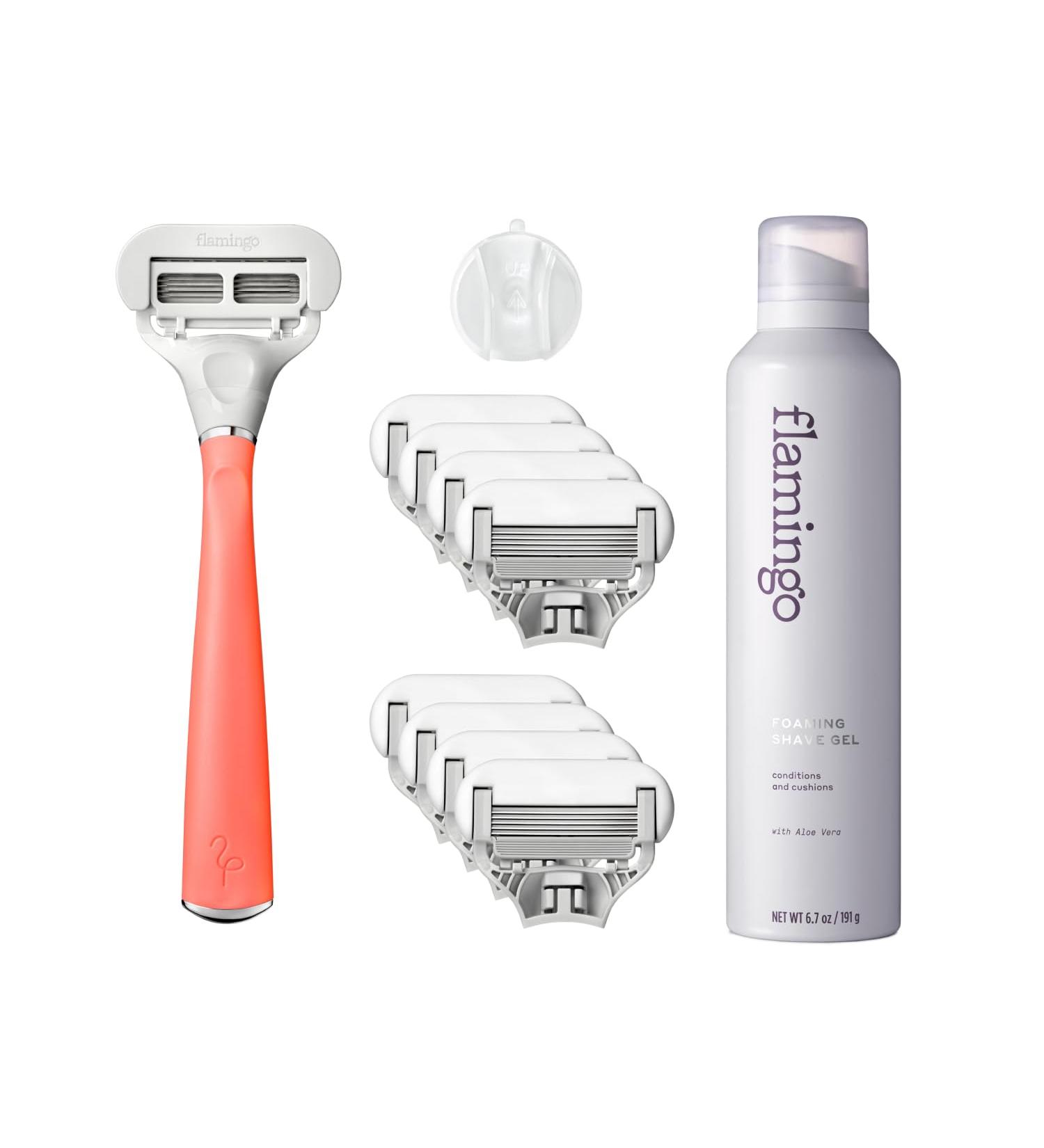 Flamingo Women's Razor Set with Pomela & Silver Handle - Includes 9 Blade Refills, Shower Holder, and Shave Gel - Buy Online on GoSupps.com