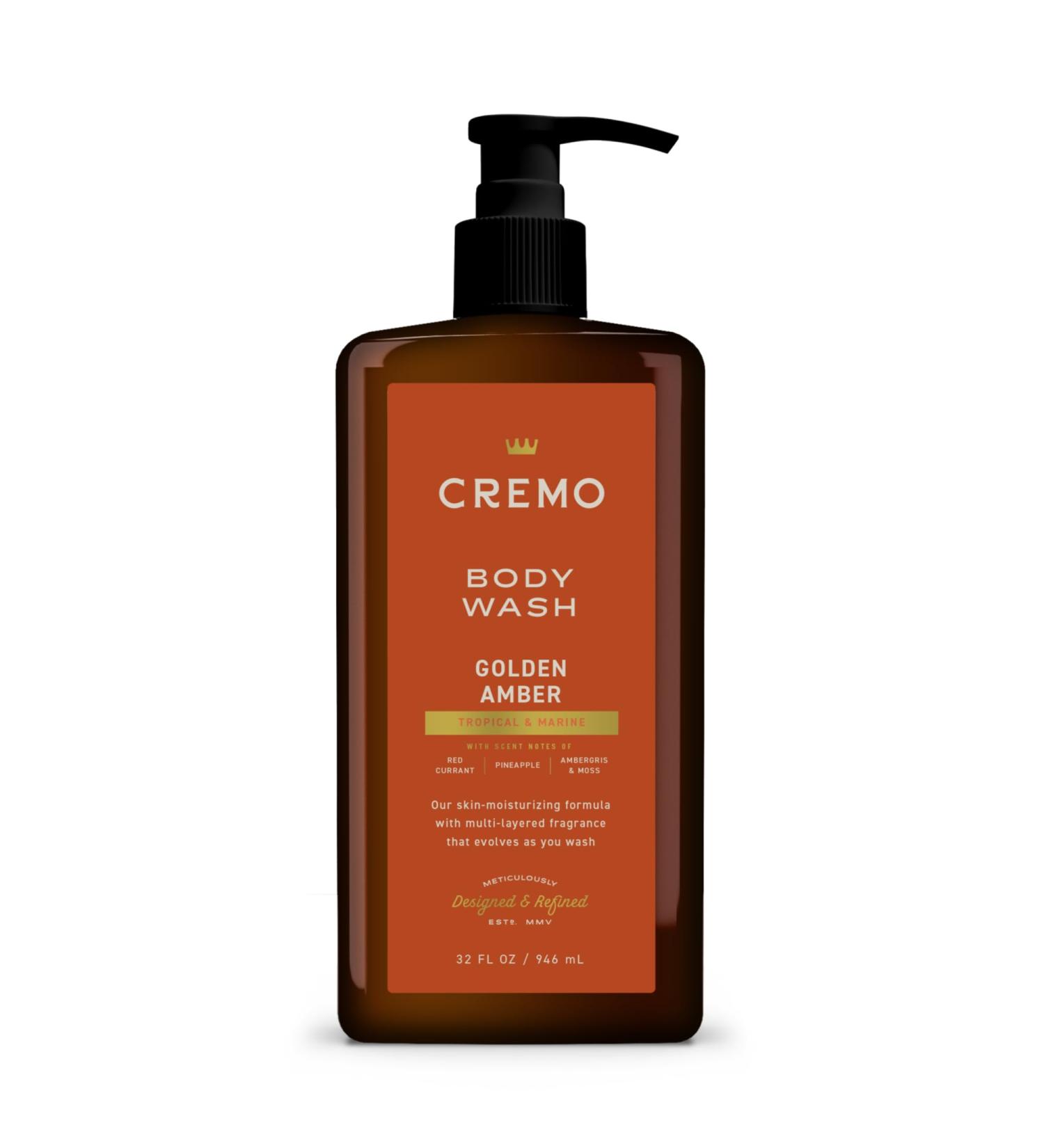 Cremo Rich-Lathering Golden Amber Body Wash for Men Notes of Red Currant Pineapple Ambergris and Moss 32 Fl Oz