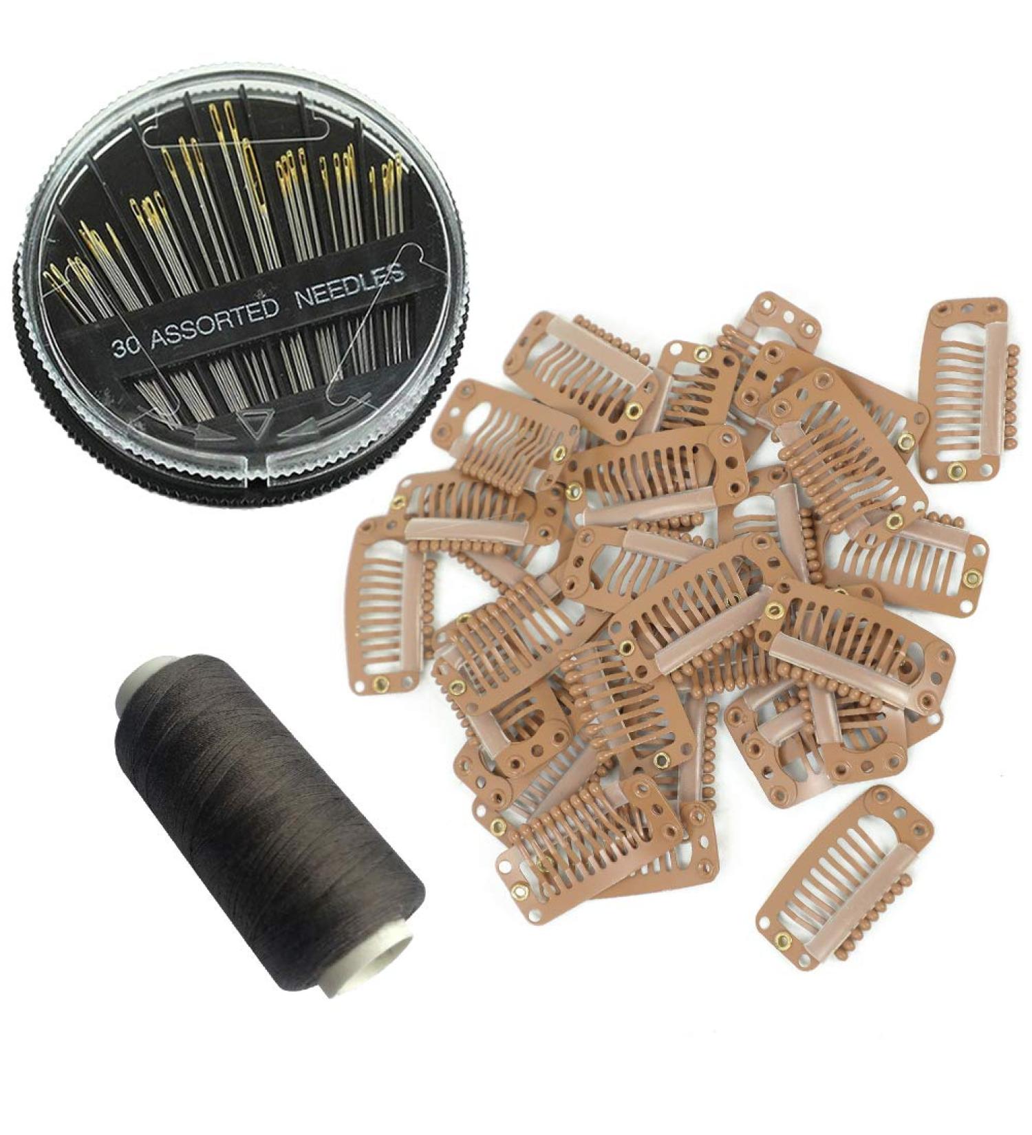 20pcs Hair Extension Clips DIY Wig Combs of 9-Teeth 32mm 1.2g/Pc Metal Snap Hair Clips 1pc Weaving Thread 1set/30pcs Needle Brown - Buy Online on GoSupps.com